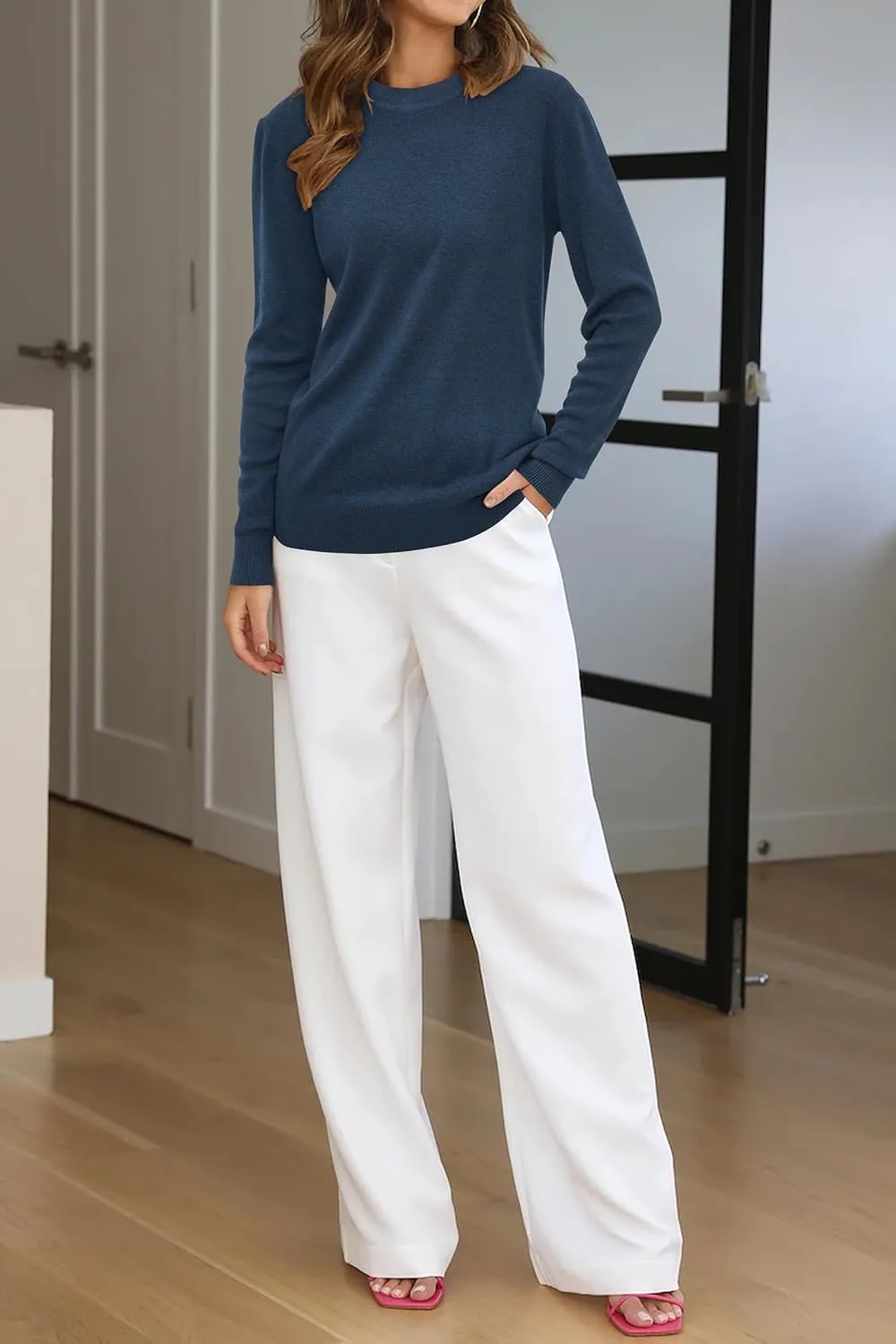 Arach&Cloz Women's Wool Blend Classic Crew Neck Casual Fall Sweaters