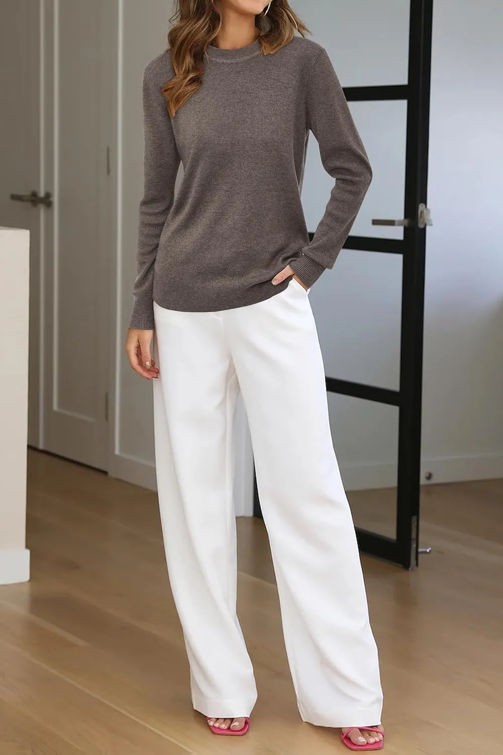 Arach&Cloz Women's Wool Blend Classic Crew Neck Casual Fall Sweaters
