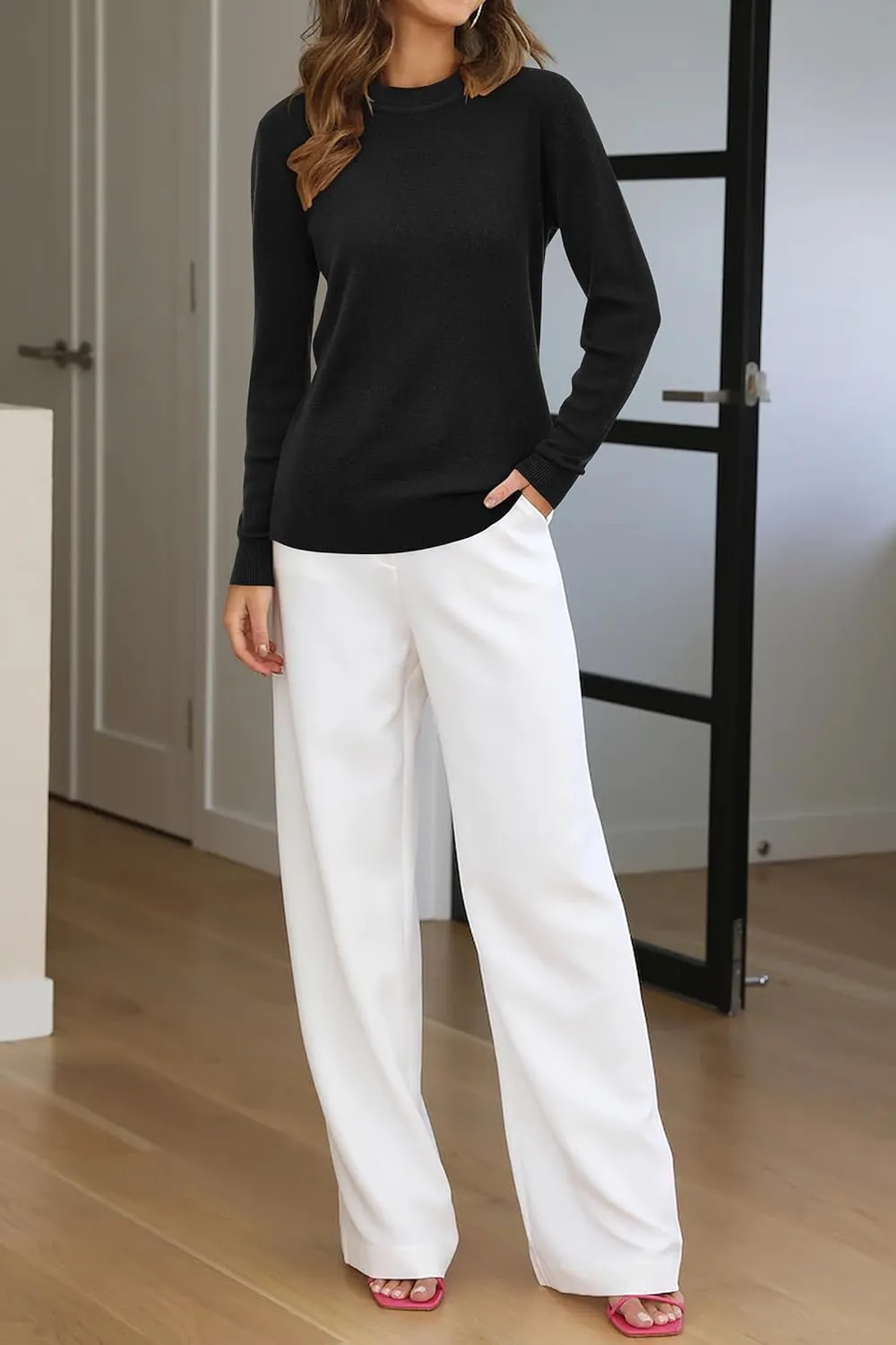 Arach&Cloz Women's Wool Blend Classic Crew Neck Casual Fall Sweaters