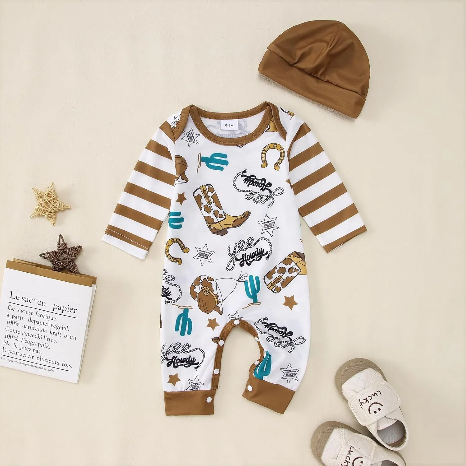 BOUTIKOME Infant Baby Boy Outfit Retro Cowboy Partner Howdy Graphic Romper Newborn Onesie Jumpsuit Hat 2Pcs Set