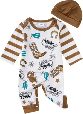 BOUTIKOME Infant Baby Boy Outfit Retro Cowboy Partner Howdy Graphic Romper Newborn Onesie Jumpsuit Hat 2Pcs Set