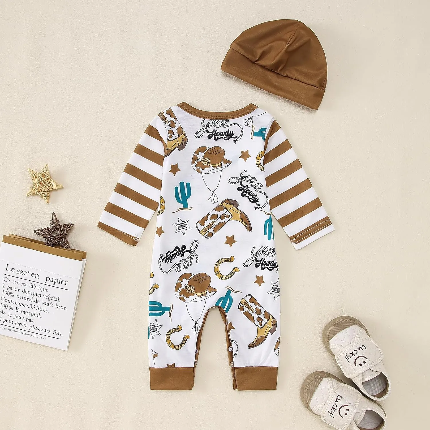 BOUTIKOME Infant Baby Boy Outfit Retro Cowboy Partner Howdy Graphic Romper Newborn Onesie Jumpsuit Hat 2Pcs Set