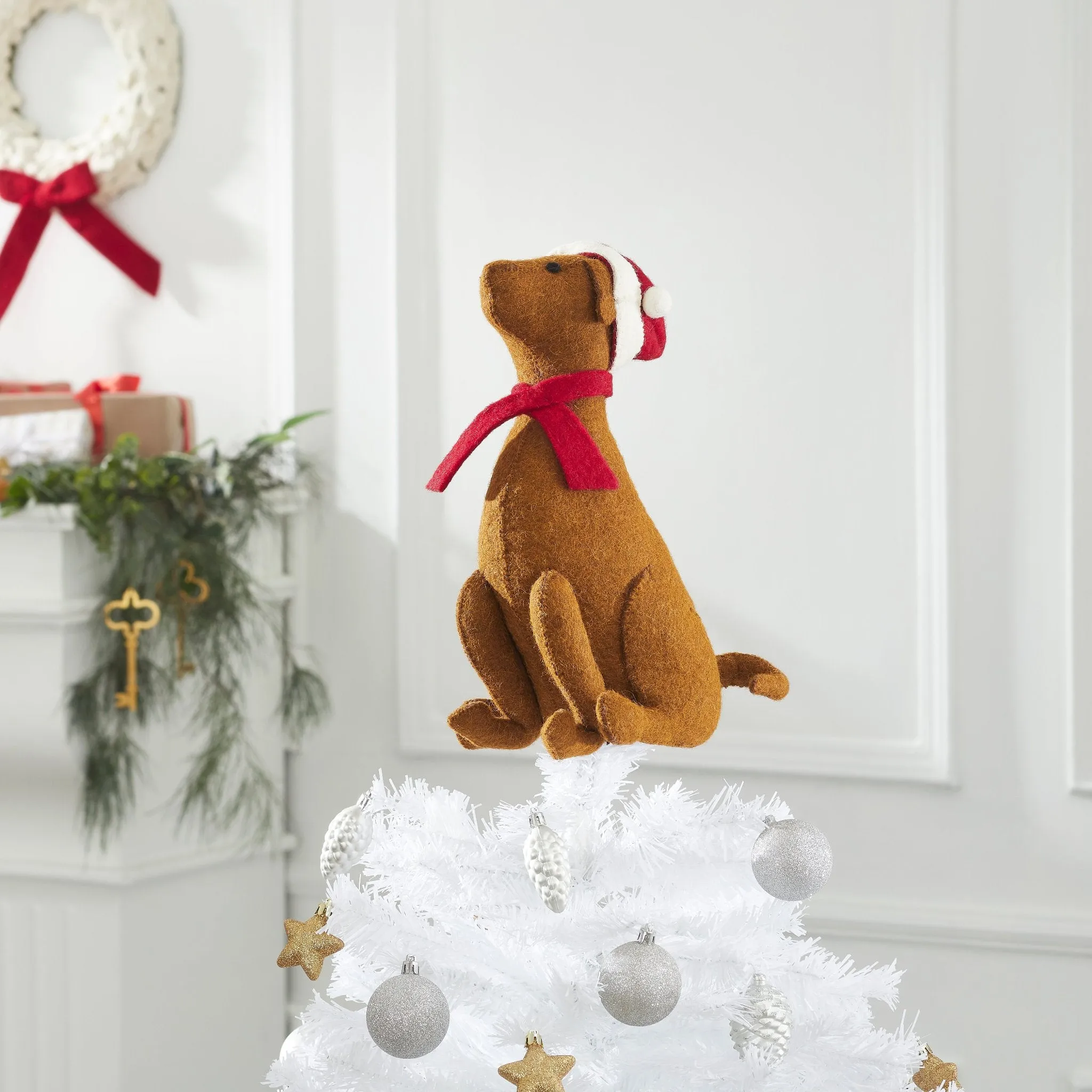 Brown Lab With Santa Hat Christmas Tree Topper in Hand Felted Wool
