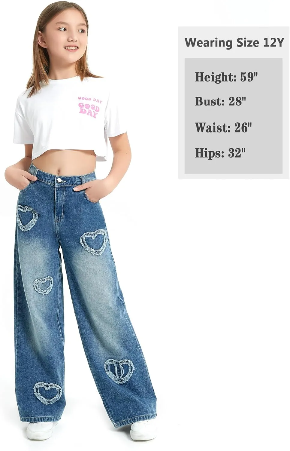 EXARUS Girls Jeans Pants Wide Leg/Flare/Skinny Denim Pant Ripped High Waist Elastic Band Casual with Pockets Kids 6-14Y
