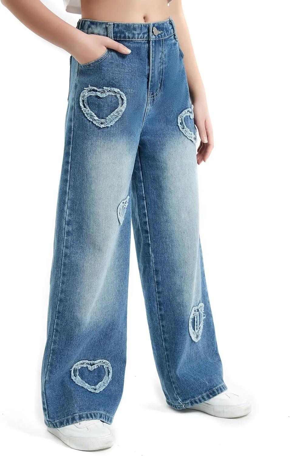 EXARUS Girls Jeans Pants Wide Leg/Flare/Skinny Denim Pant Ripped High Waist Elastic Band Casual with Pockets Kids 6-14Y