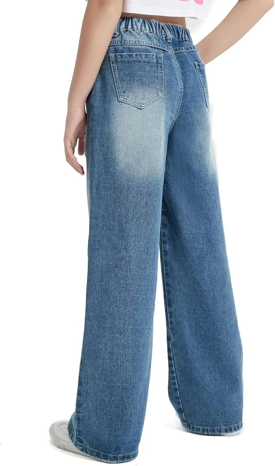 EXARUS Girls Jeans Pants Wide Leg/Flare/Skinny Denim Pant Ripped High Waist Elastic Band Casual with Pockets Kids 6-14Y