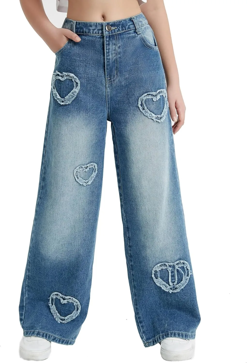 EXARUS Girls Jeans Pants Wide Leg/Flare/Skinny Denim Pant Ripped High Waist Elastic Band Casual with Pockets Kids 6-14Y