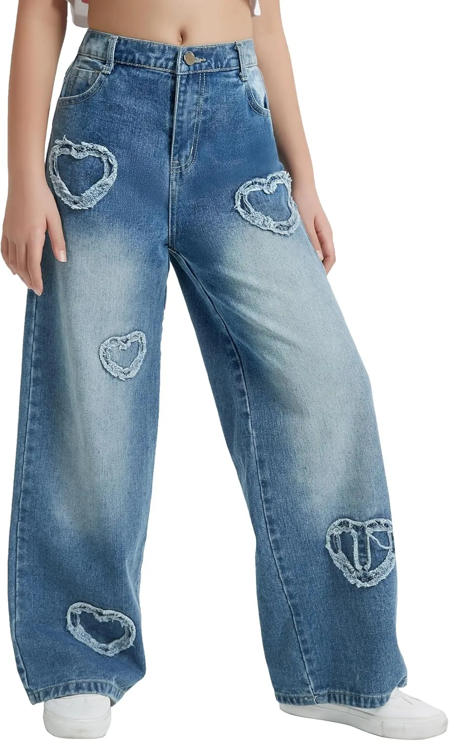 EXARUS Girls Jeans Pants Wide Leg/Flare/Skinny Denim Pant Ripped High Waist Elastic Band Casual with Pockets Kids 6-14Y