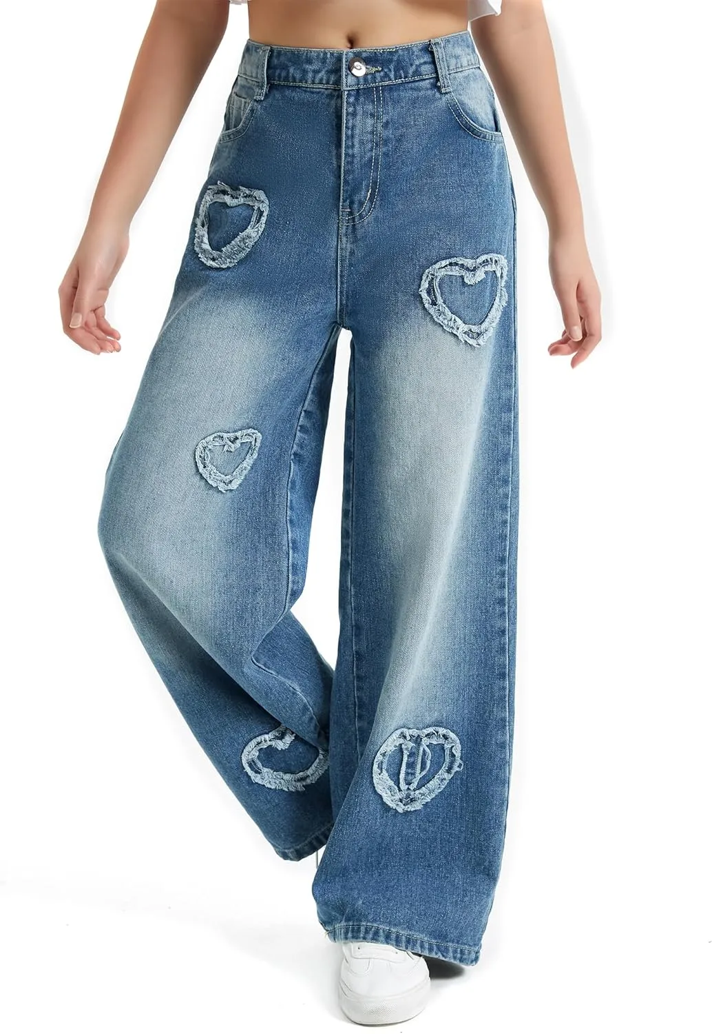 EXARUS Girls Jeans Pants Wide Leg/Flare/Skinny Denim Pant Ripped High Waist Elastic Band Casual with Pockets Kids 6-14Y