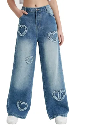 EXARUS Girls Jeans Pants Wide Leg/Flare/Skinny Denim Pant Ripped High Waist Elastic Band Casual with Pockets Kids 6-14Y