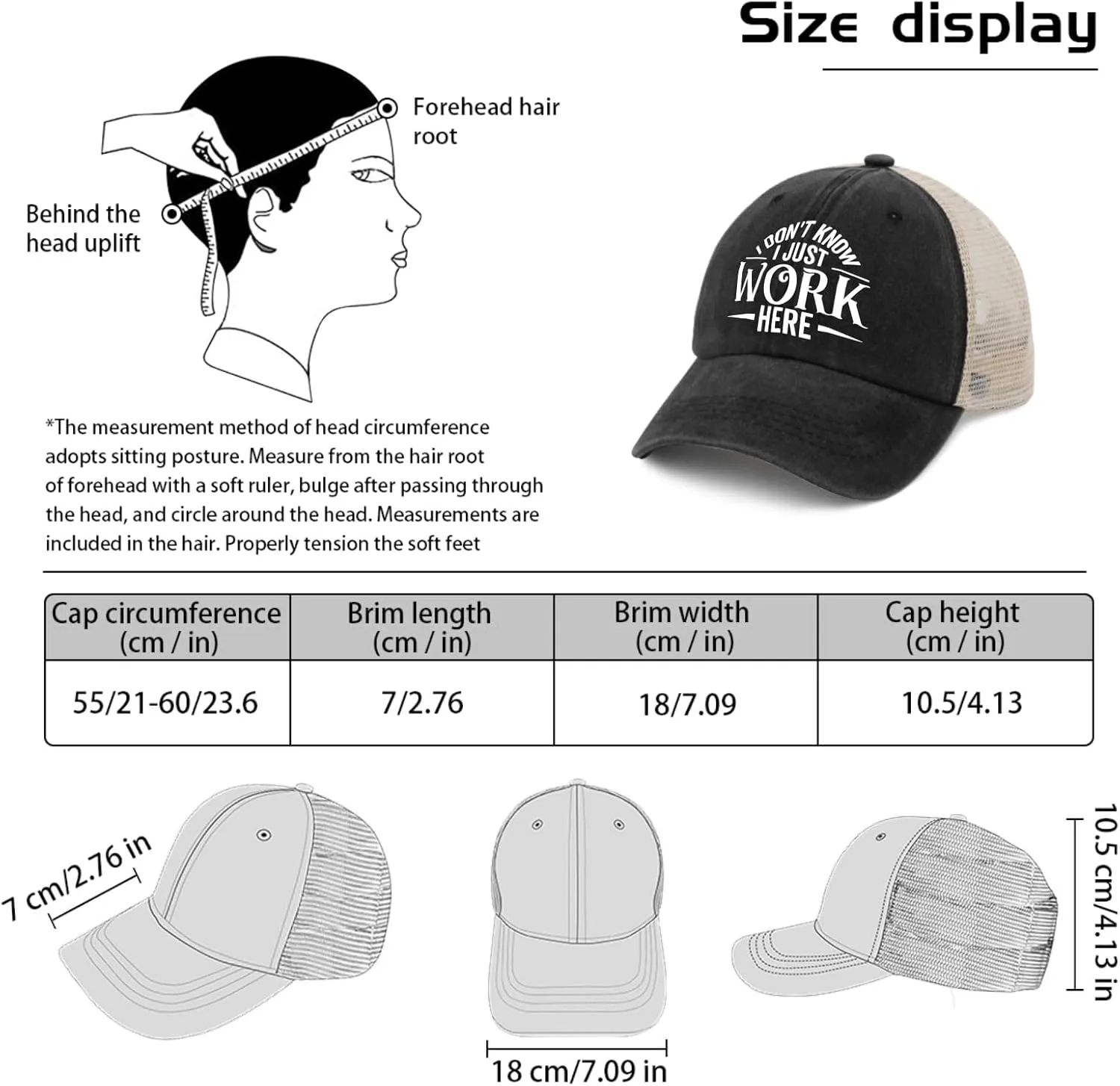 I Don't Know I Just Work Here Cap Party Hat AllBlack Hiking Hat Women Gifts for Her Outdoor Caps