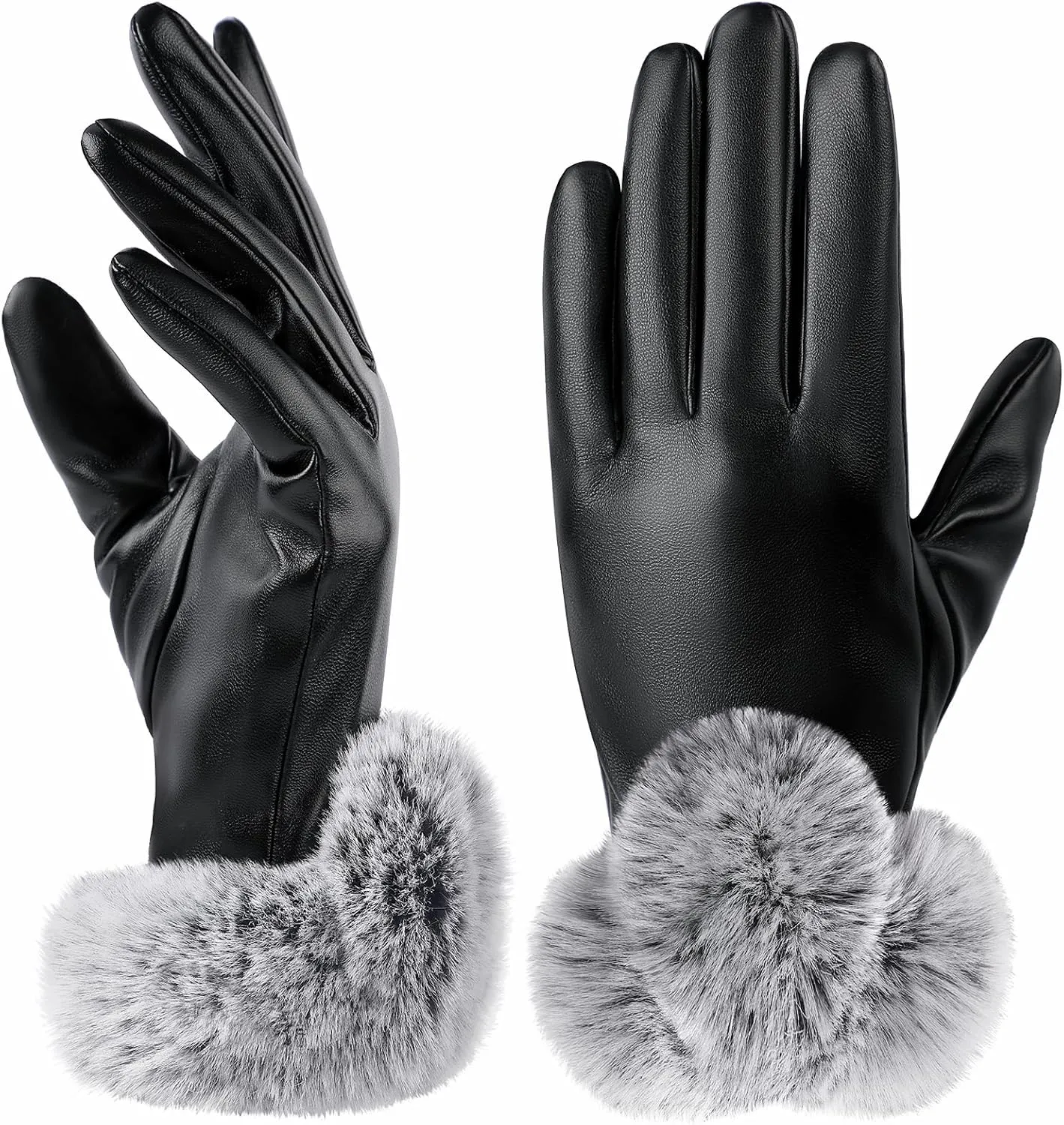 Leather Gloves for Women - Winter Black Touch Screen PU Soft Plush Gift