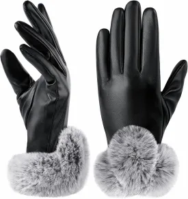 Leather Gloves for Women - Winter Black Touch Screen PU Soft Plush Gift