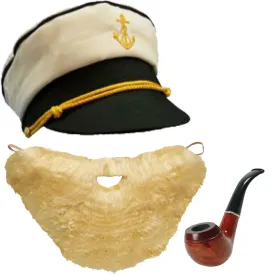 Mens Peaked Captain Hat Wooden Pipe Blonde Beard & Mustache Fancy Dress