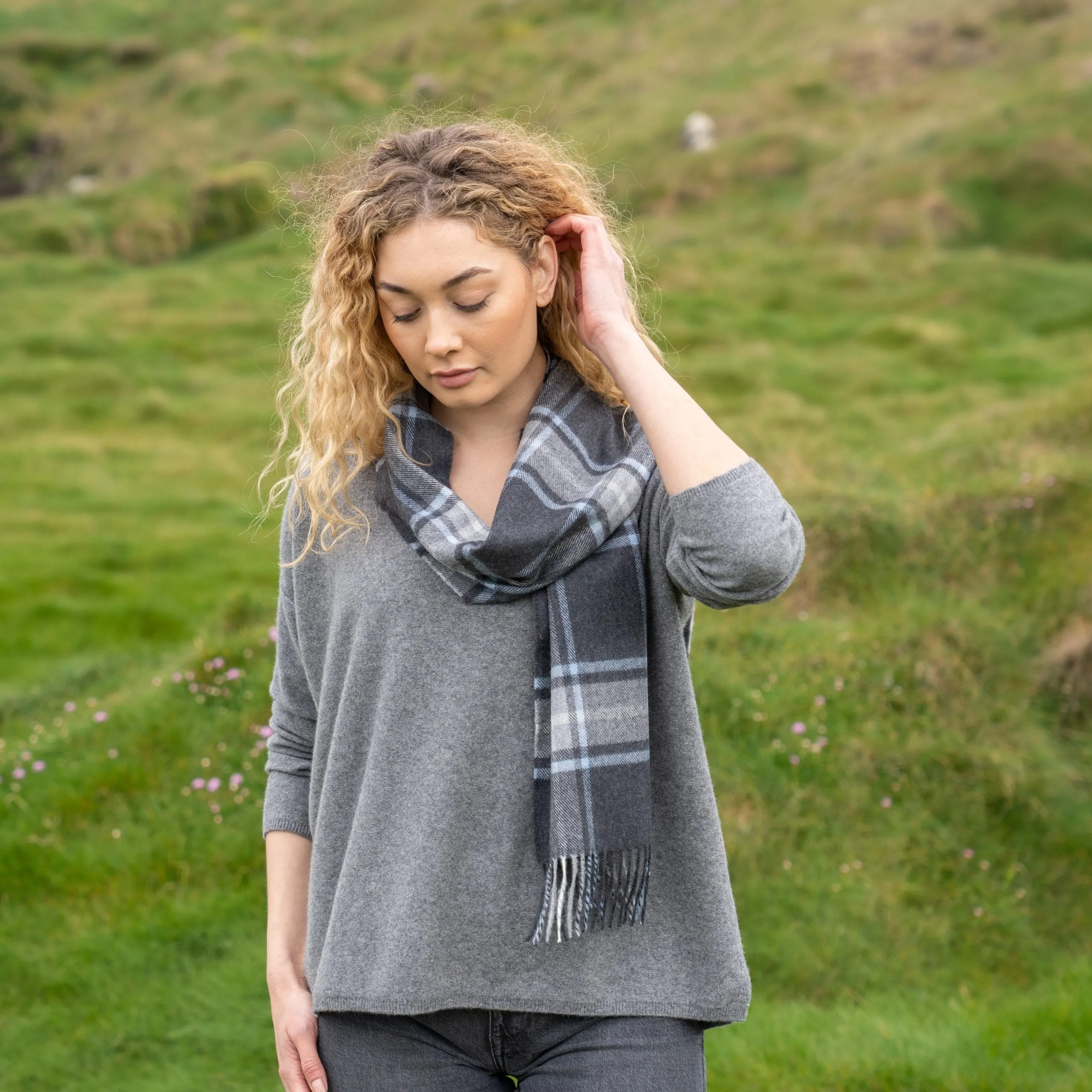 Merino Luxury Wool Scarf Grey Block Check