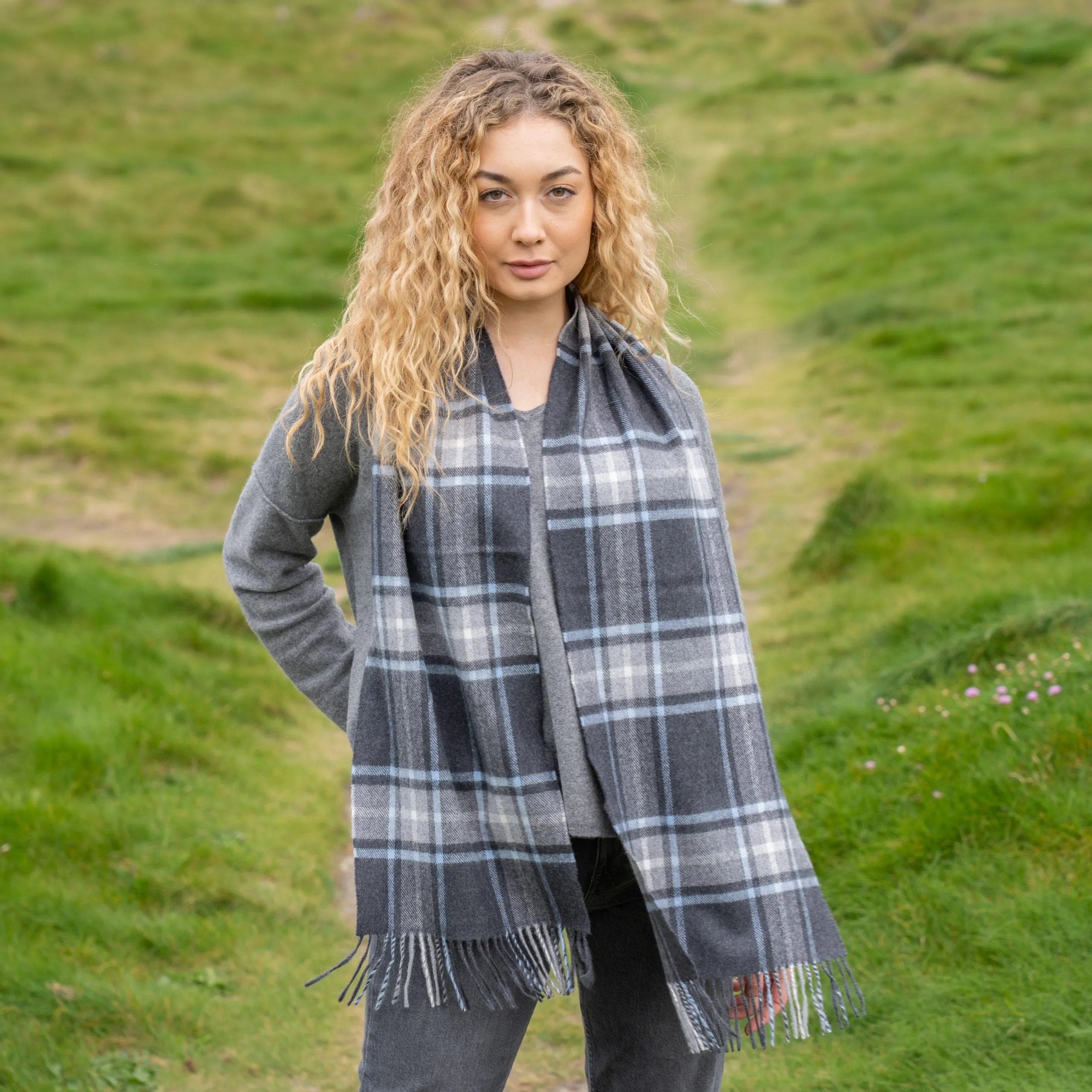 Merino Luxury Wool Scarf Grey Block Check