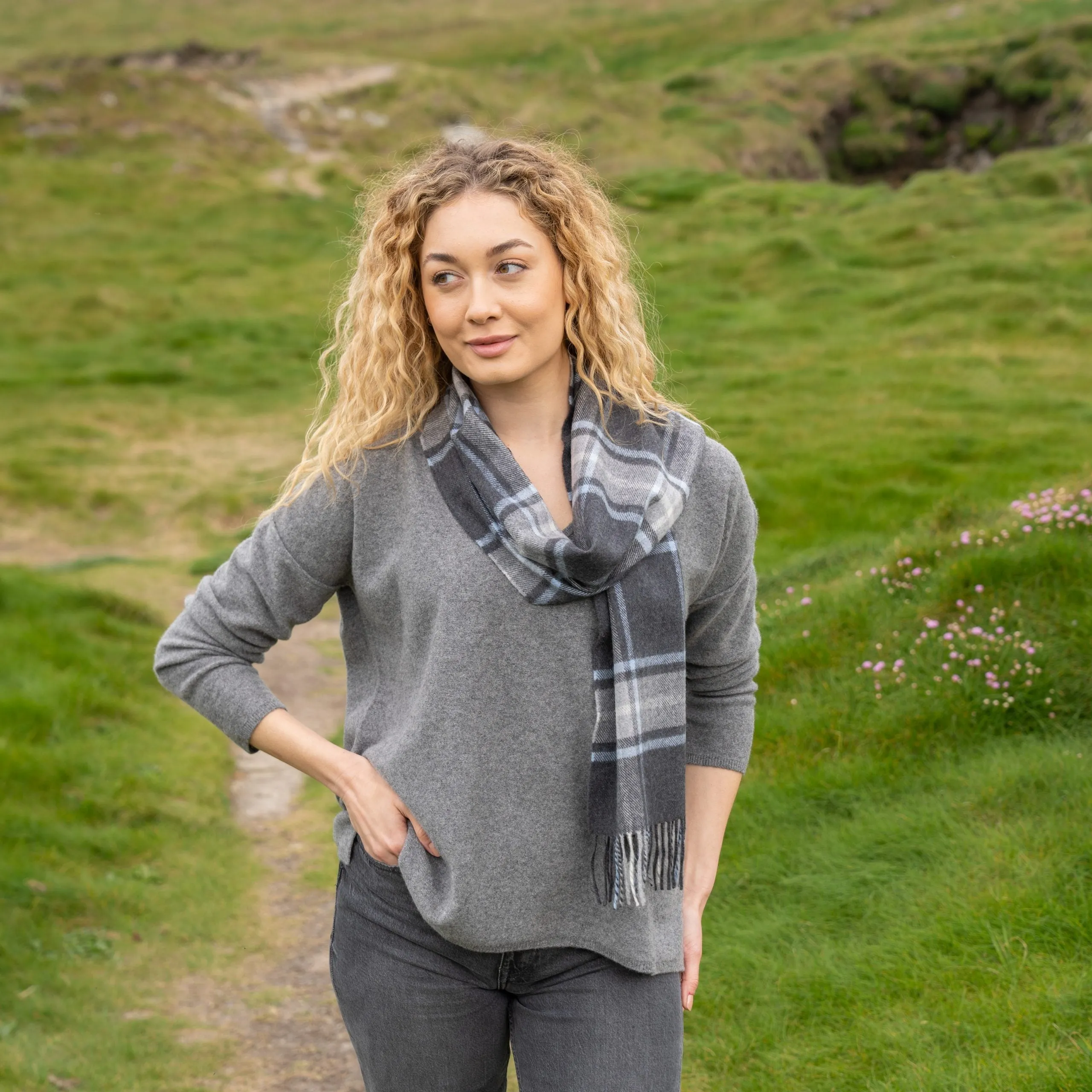 Merino Luxury Wool Scarf Grey Block Check