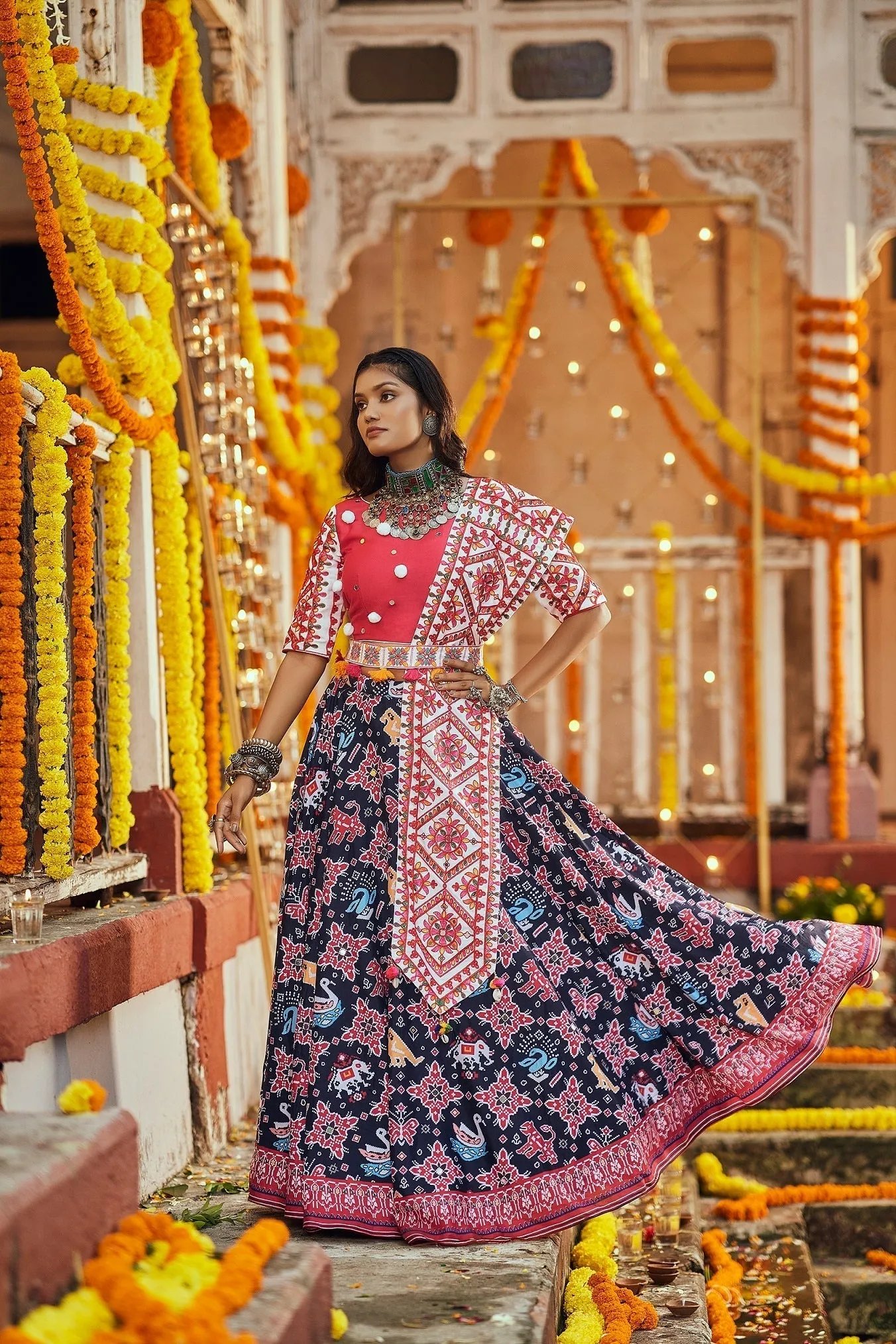 Navratri Special Black With Deep Pink Digital Print Traditional Lehenga With Koti