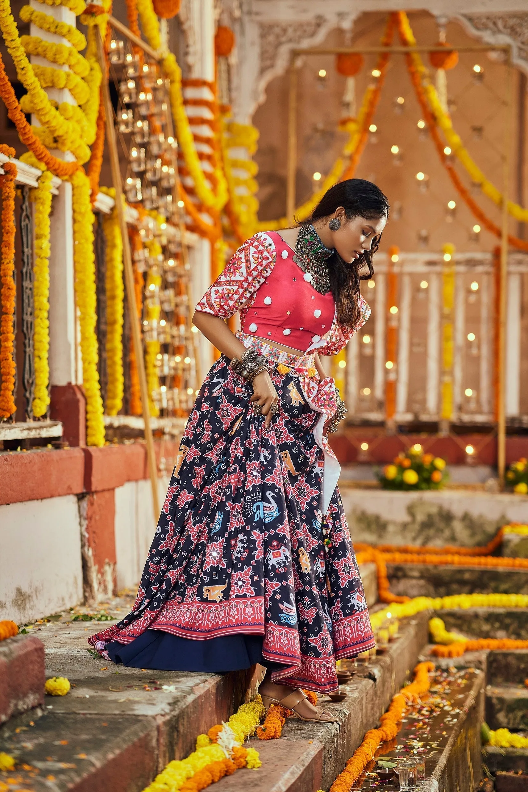 Navratri Special Black With Deep Pink Digital Print Traditional Lehenga With Koti