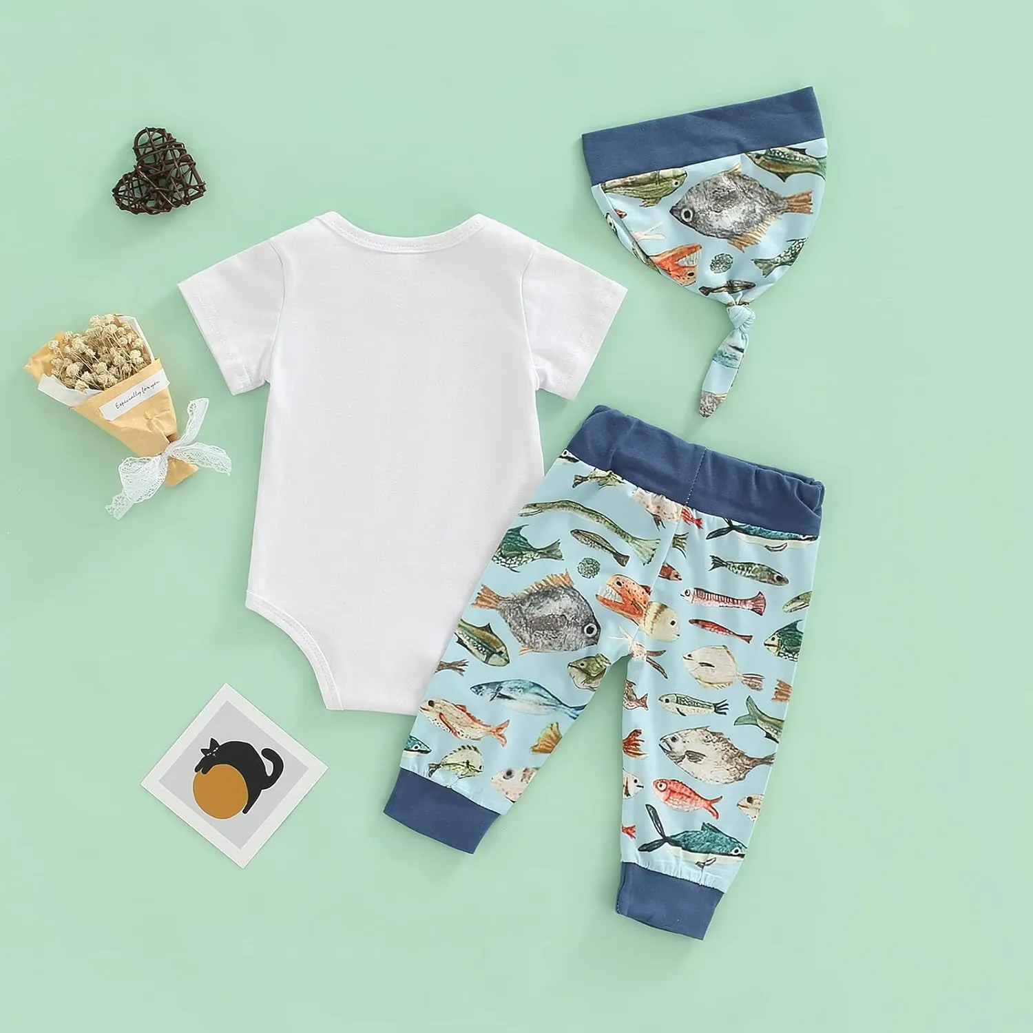 Newborn Baby Boy Fishing Outfit Daddy's New Fishing Buddy Romper Fish Pants Set Hat 3Pcs Infant Boy Summer Clothes