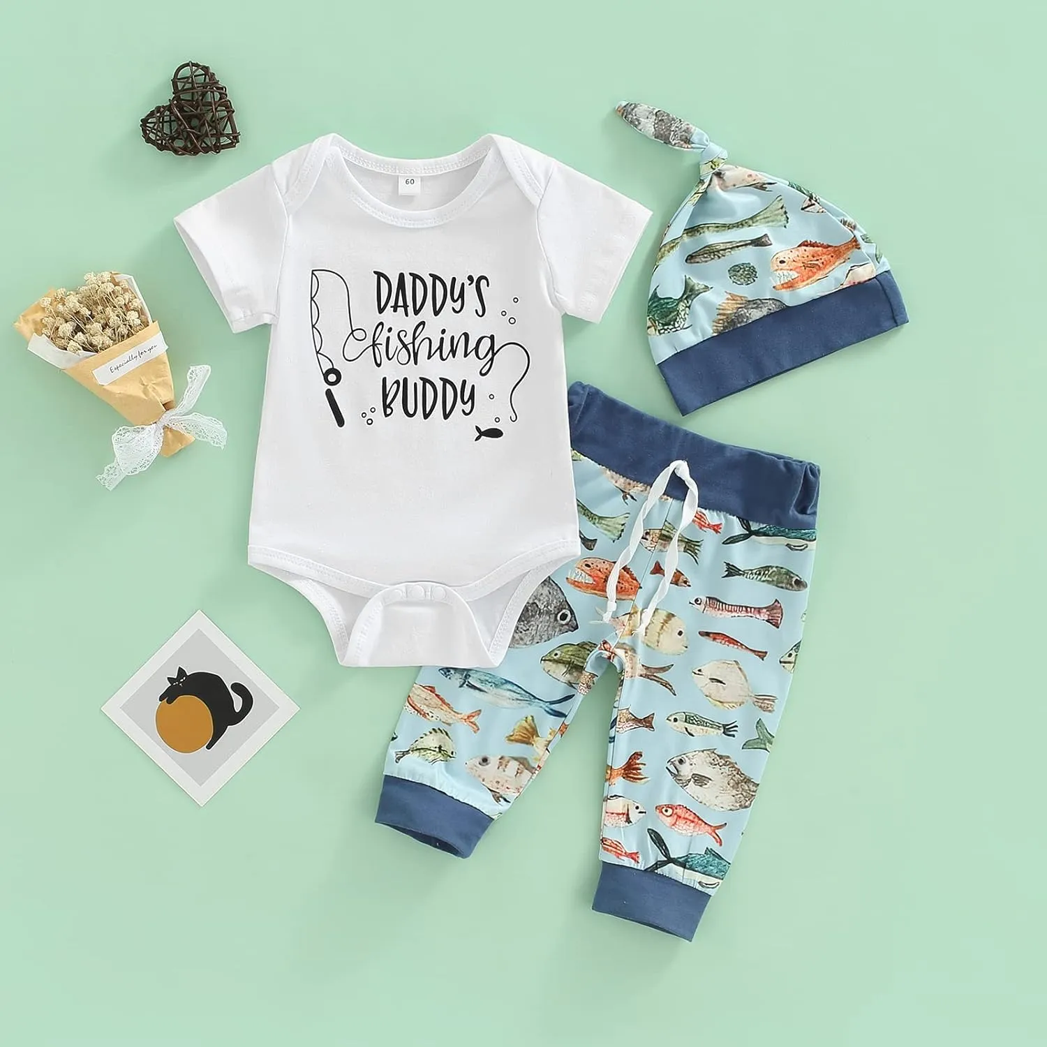 Newborn Baby Boy Fishing Outfit Daddy's New Fishing Buddy Romper Fish Pants Set Hat 3Pcs Infant Boy Summer Clothes