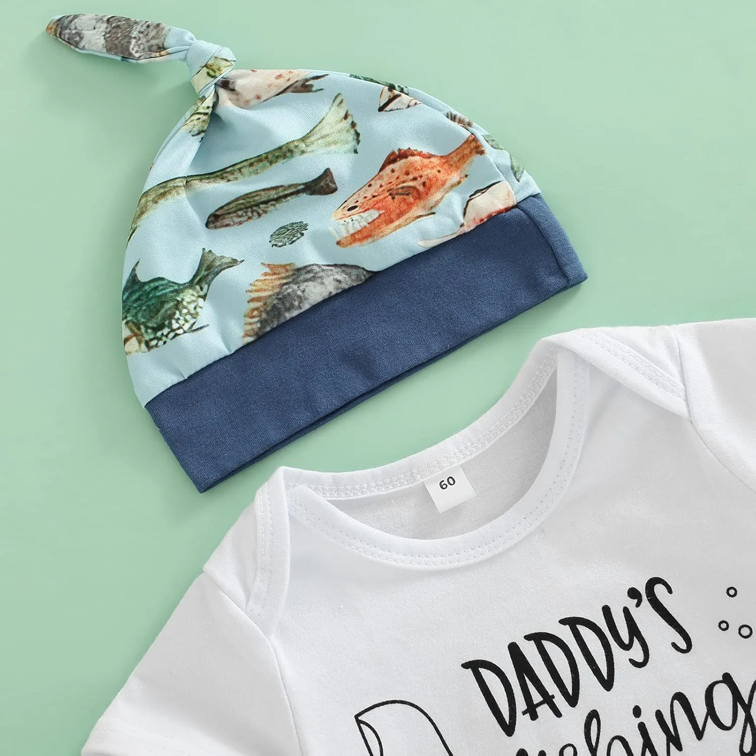 Newborn Baby Boy Fishing Outfit Daddy's New Fishing Buddy Romper Fish Pants Set Hat 3Pcs Infant Boy Summer Clothes