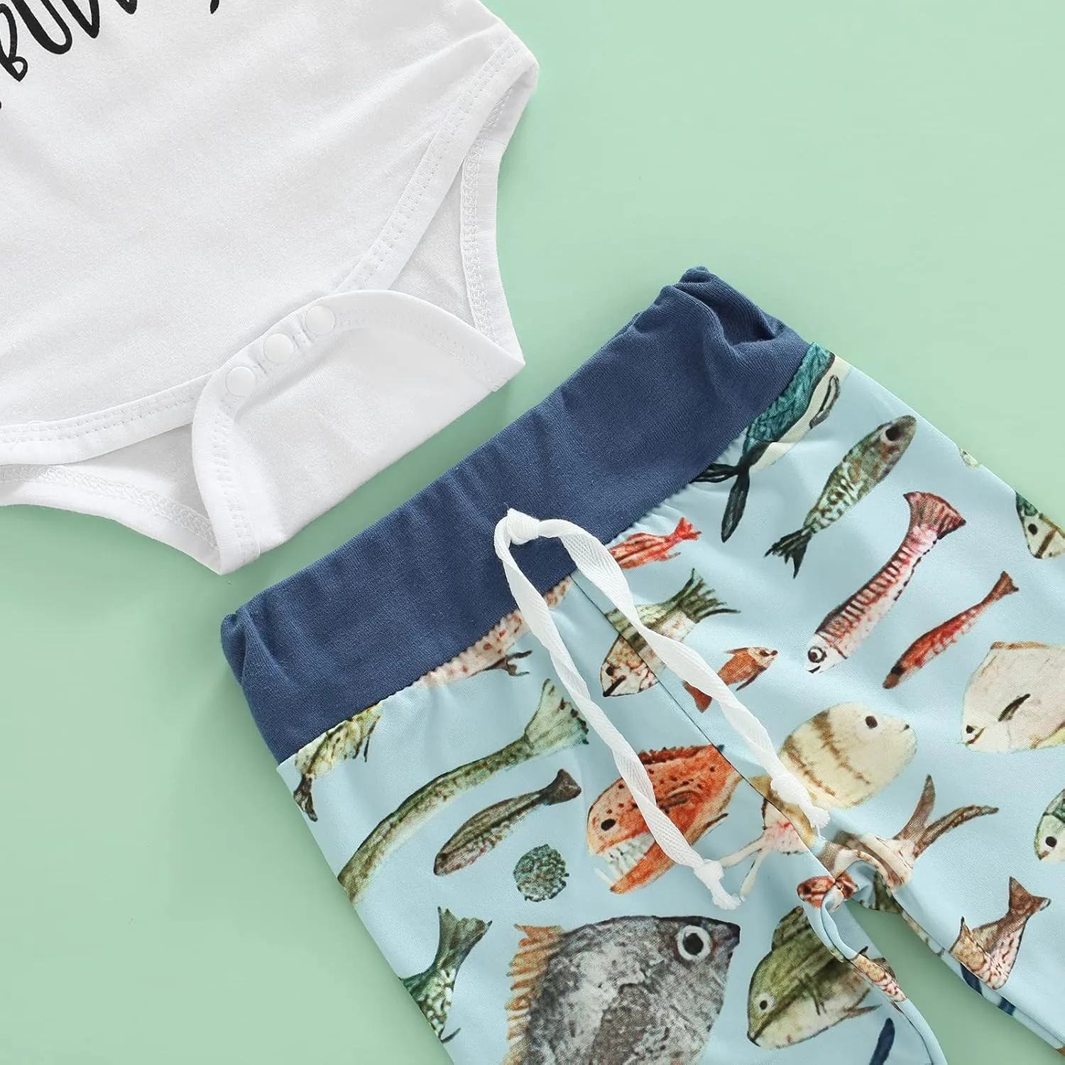 Newborn Baby Boy Fishing Outfit Daddy's New Fishing Buddy Romper Fish Pants Set Hat 3Pcs Infant Boy Summer Clothes