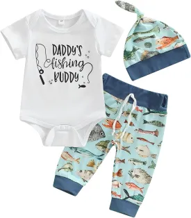 Newborn Baby Boy Fishing Outfit Daddy's New Fishing Buddy Romper Fish Pants Set Hat 3Pcs Infant Boy Summer Clothes