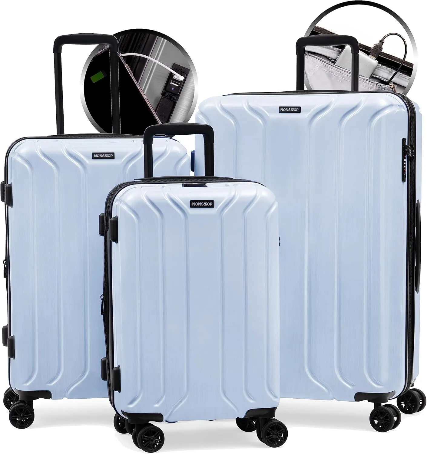 NONSTOP New York Elite Luggage Expandable Lightweight Spinner Wheels hard side shell Travel Suitcase Set, TSA Lock, Double USB Port, 3 packing cubes, Sky Blue, 3-piece Set (20/24/28) W/Power Bank
