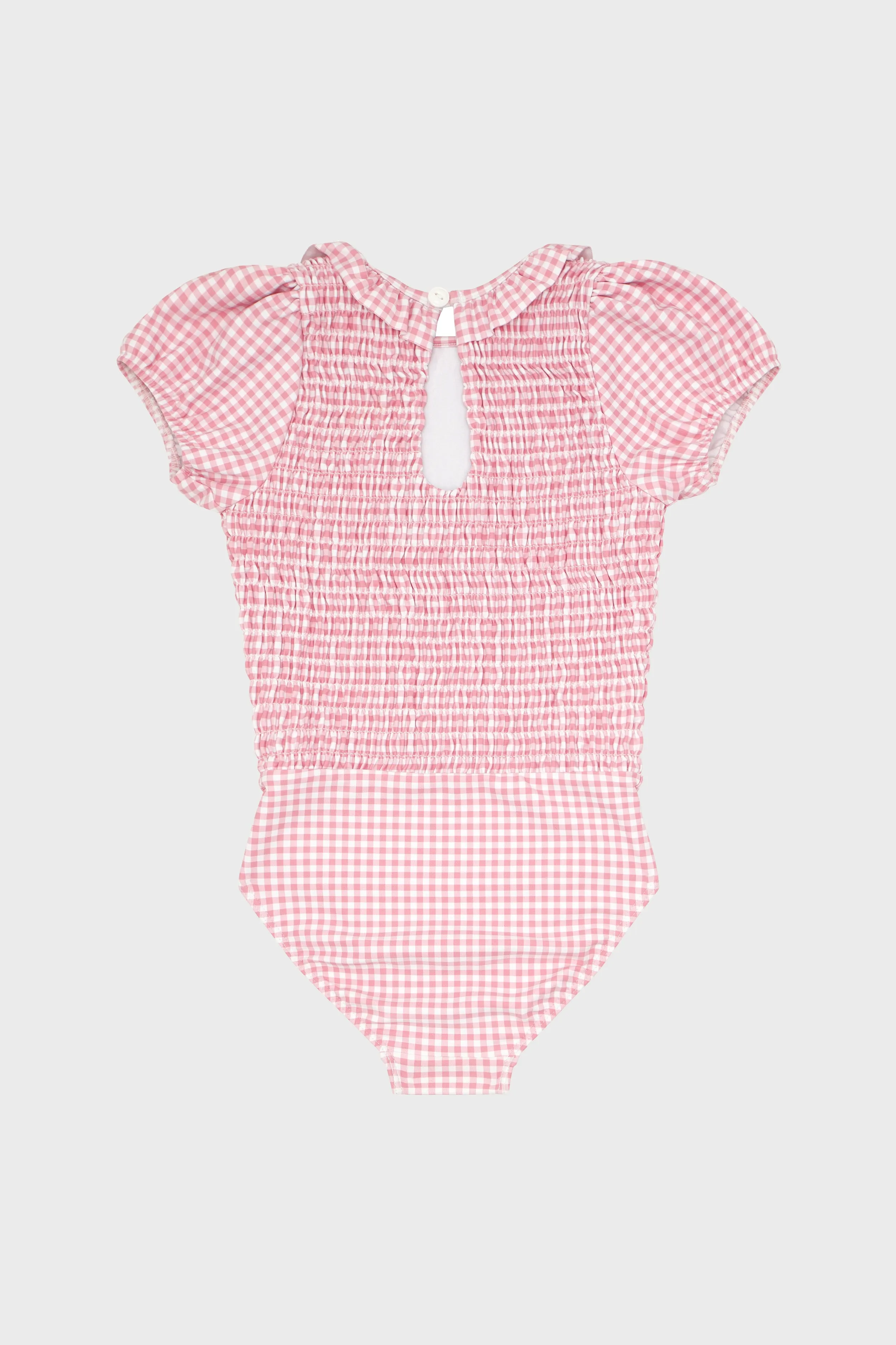 Pink Guava Gingham Puff Sleeve Smocked One Piece with Ruffled Collar