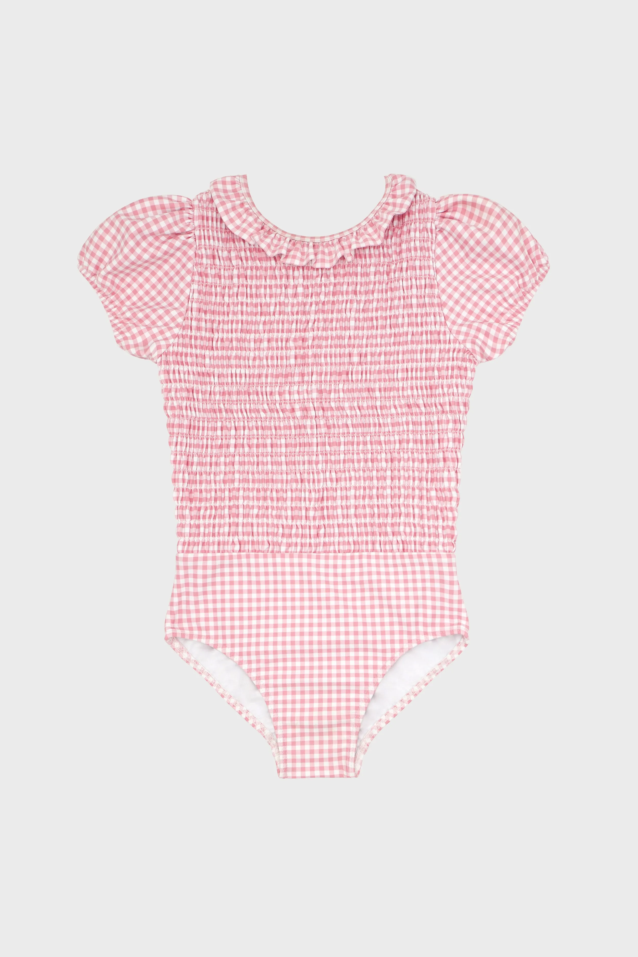 Pink Guava Gingham Puff Sleeve Smocked One Piece with Ruffled Collar