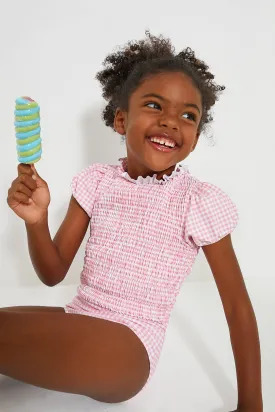 Pink Guava Gingham Puff Sleeve Smocked One Piece with Ruffled Collar