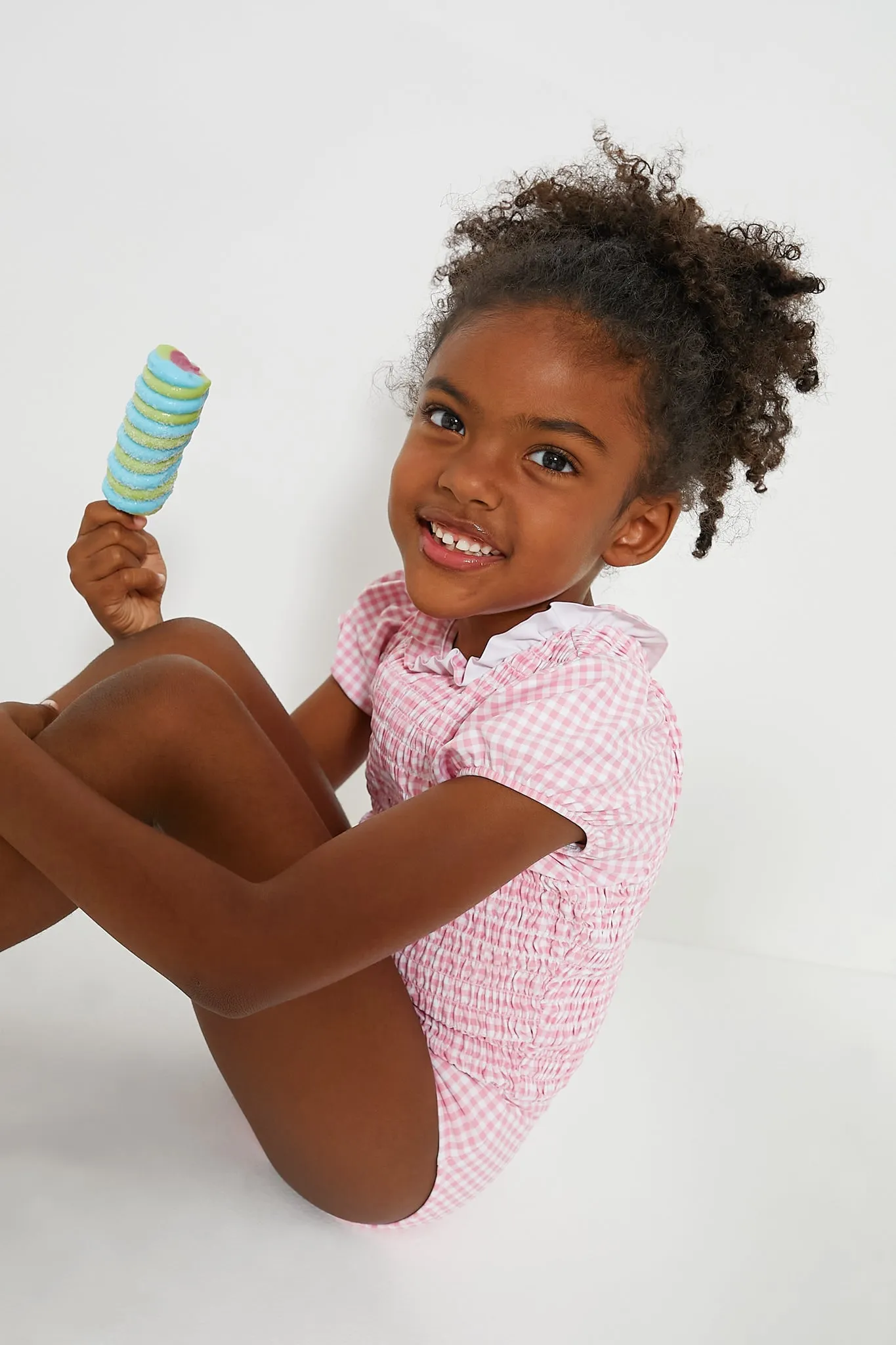 Pink Guava Gingham Puff Sleeve Smocked One Piece with Ruffled Collar