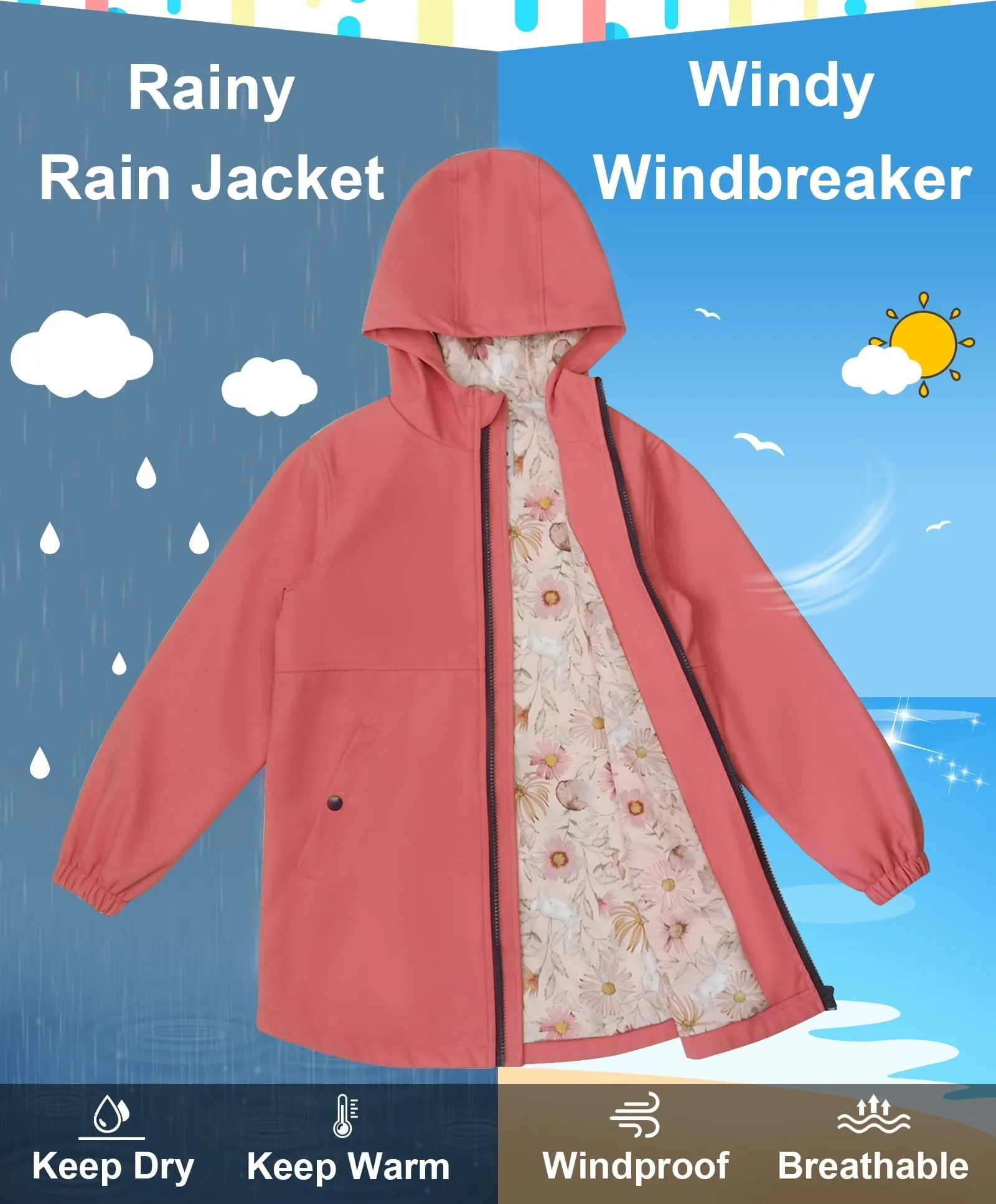 SOLOCOTE Girls Light Raincoat Kids Waterproof Long Rain Jacket Hooded Spring Fall Lined Windbreaker