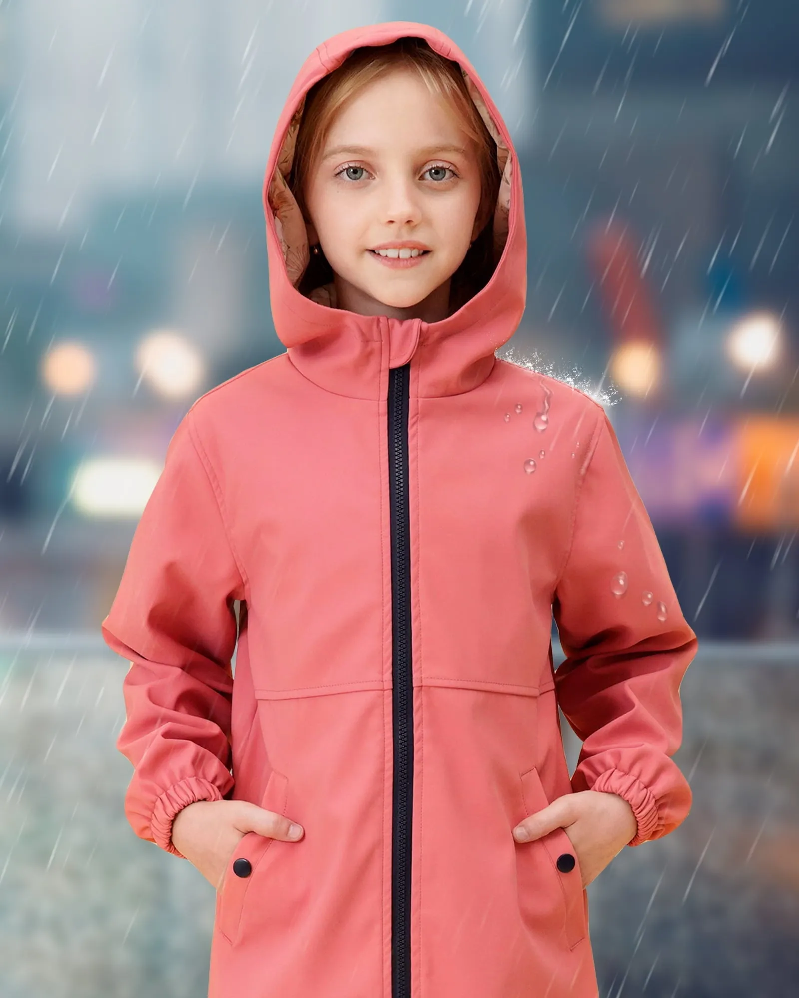 SOLOCOTE Girls Light Raincoat Kids Waterproof Long Rain Jacket Hooded Spring Fall Lined Windbreaker