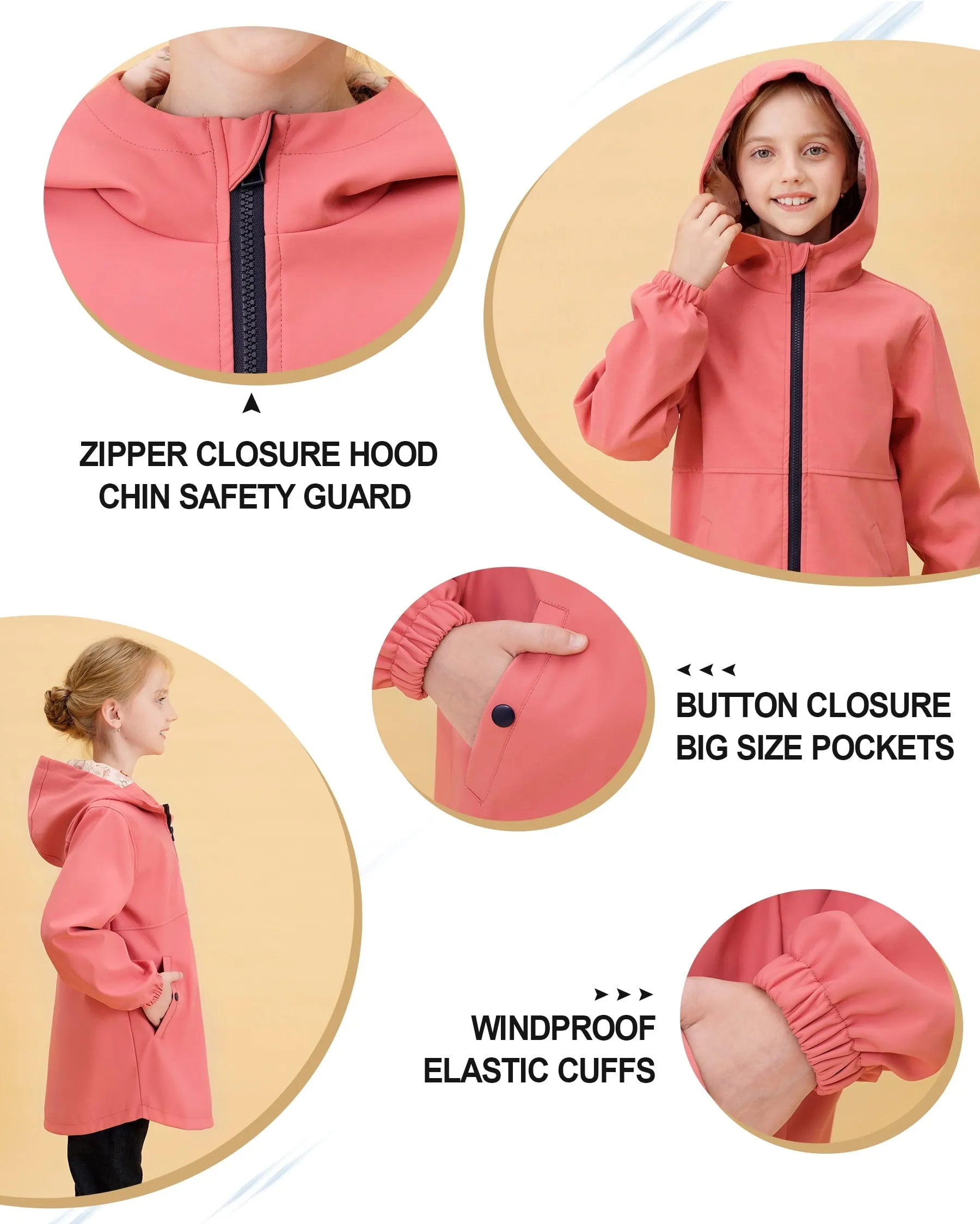 SOLOCOTE Girls Light Raincoat Kids Waterproof Long Rain Jacket Hooded Spring Fall Lined Windbreaker