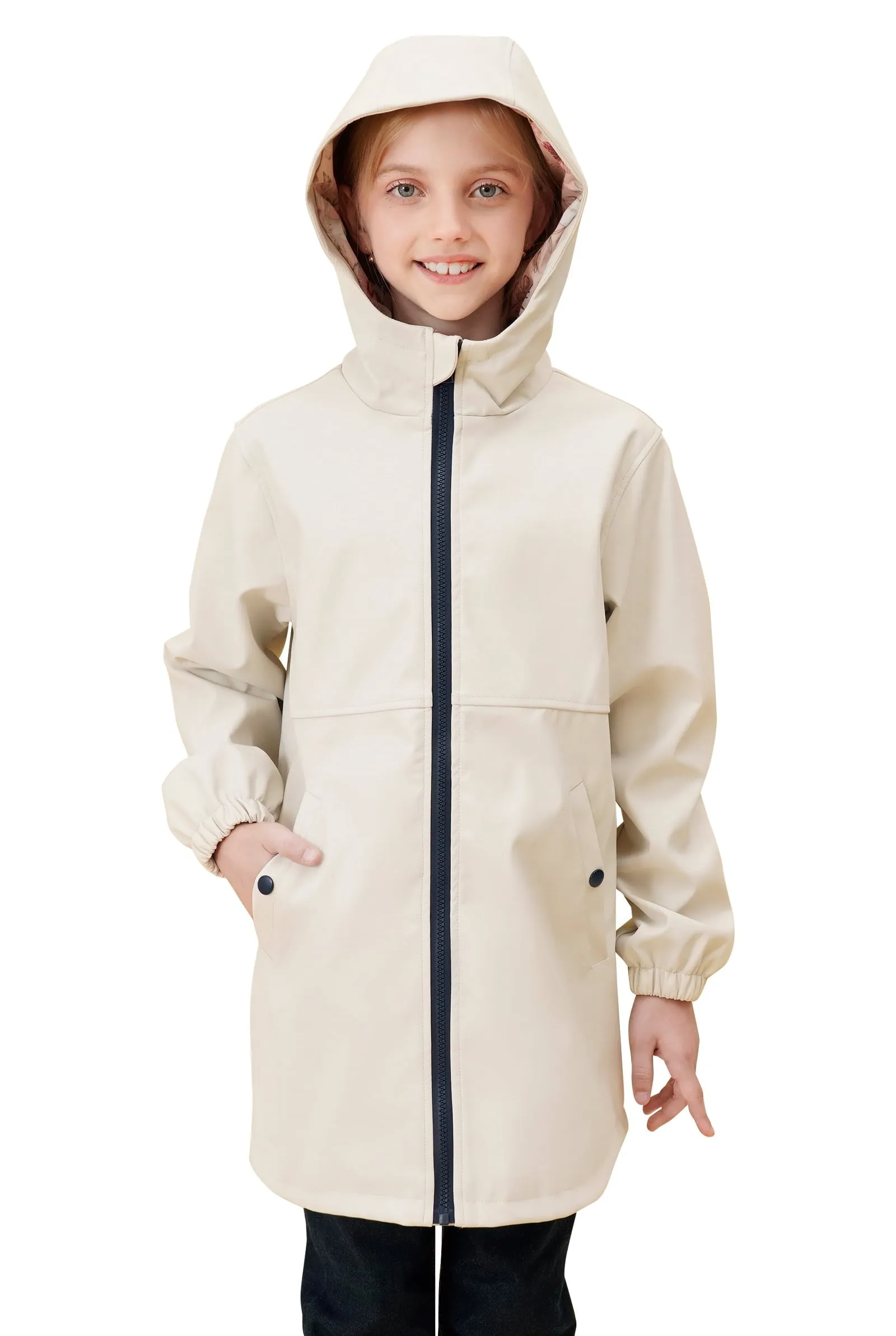 SOLOCOTE Girls Light Raincoat Kids Waterproof Long Rain Jacket Hooded Spring Fall Lined Windbreaker