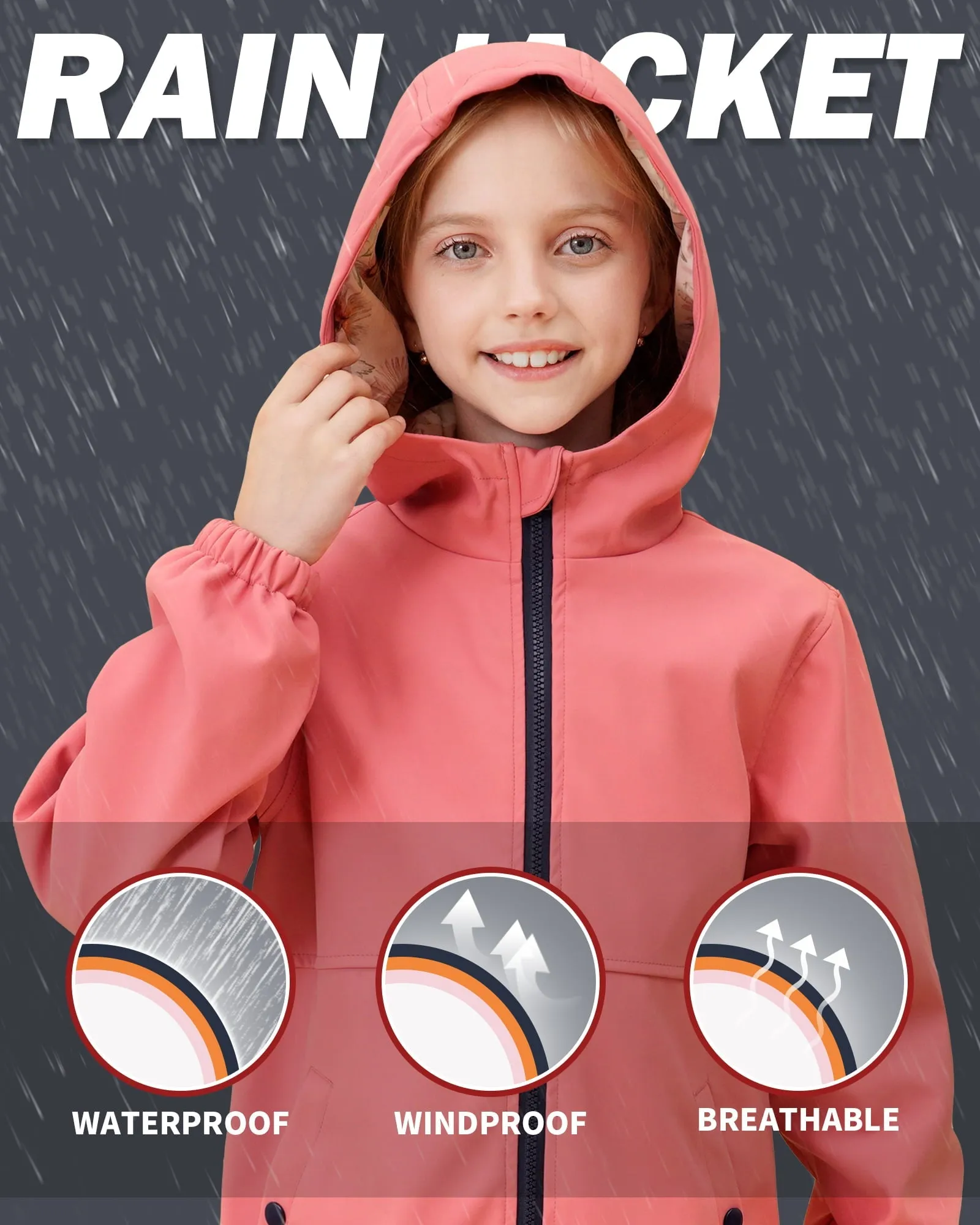 SOLOCOTE Girls Light Raincoat Kids Waterproof Long Rain Jacket Hooded Spring Fall Lined Windbreaker