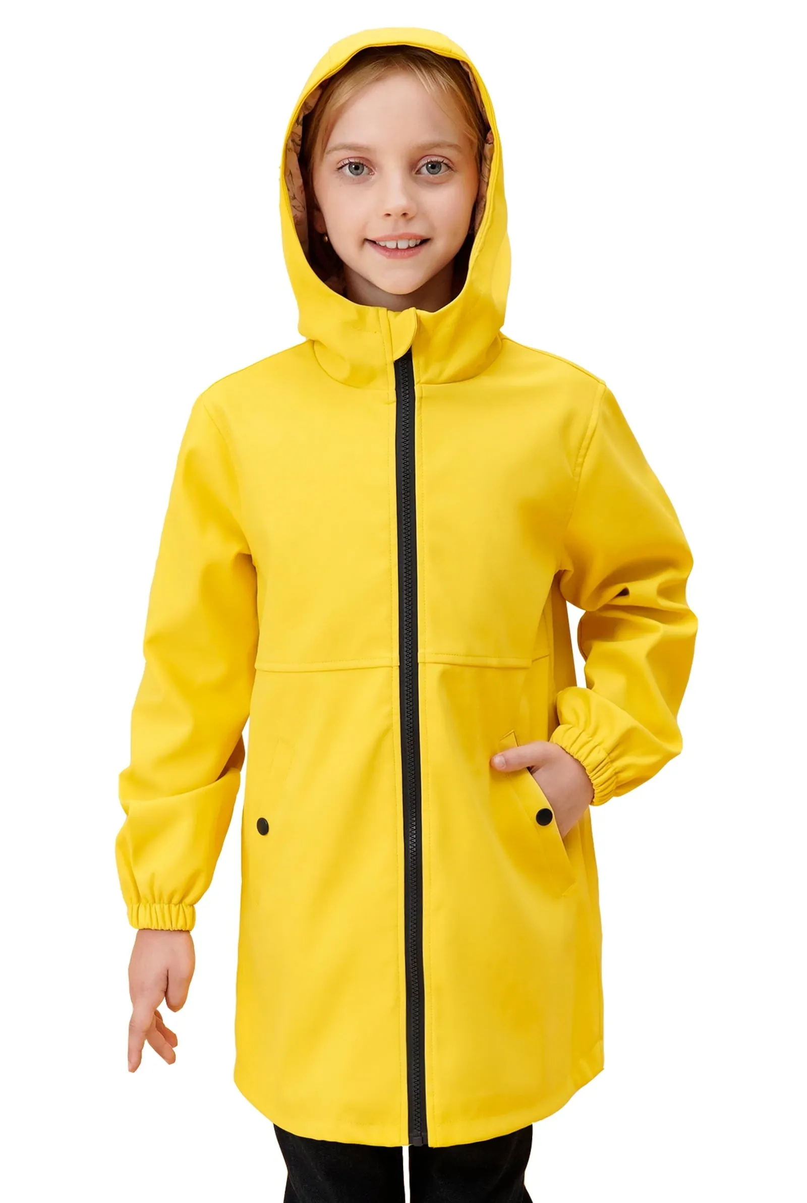 SOLOCOTE Girls Light Raincoat Kids Waterproof Long Rain Jacket Hooded Spring Fall Lined Windbreaker