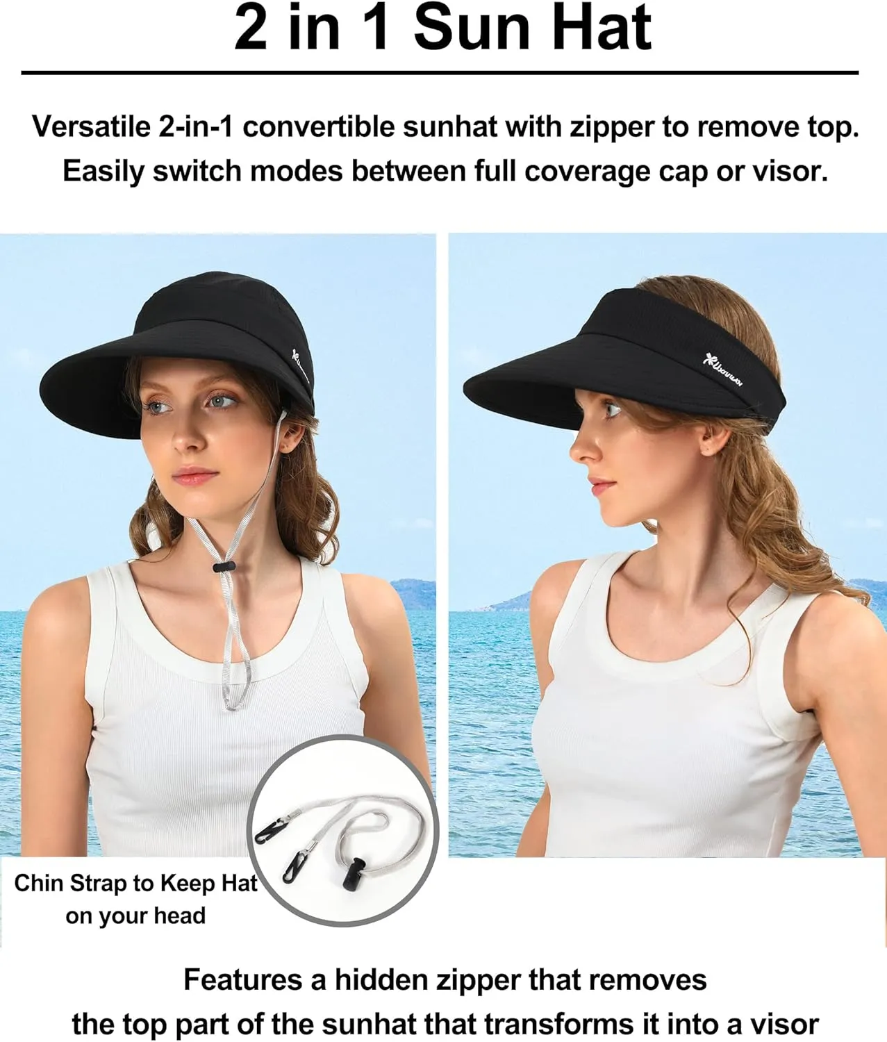 Sun Hats for Womens Wide Brim Visor UV Protection Dual Purpose Hat for Beach Summer Packable Cap