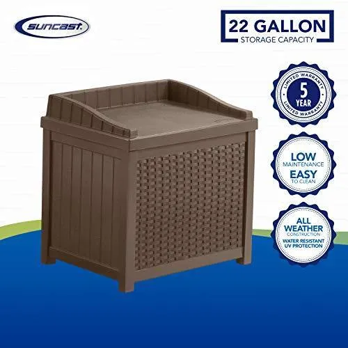 Suncast 22-Gallon Small Deck Box - Lightweight Resin Indoor/Outdoor Storage Container and Seat for Patio Cushions, Gardening Tools and Toys - Store Items on Patio, Garage, Yard - Mocha Wicker