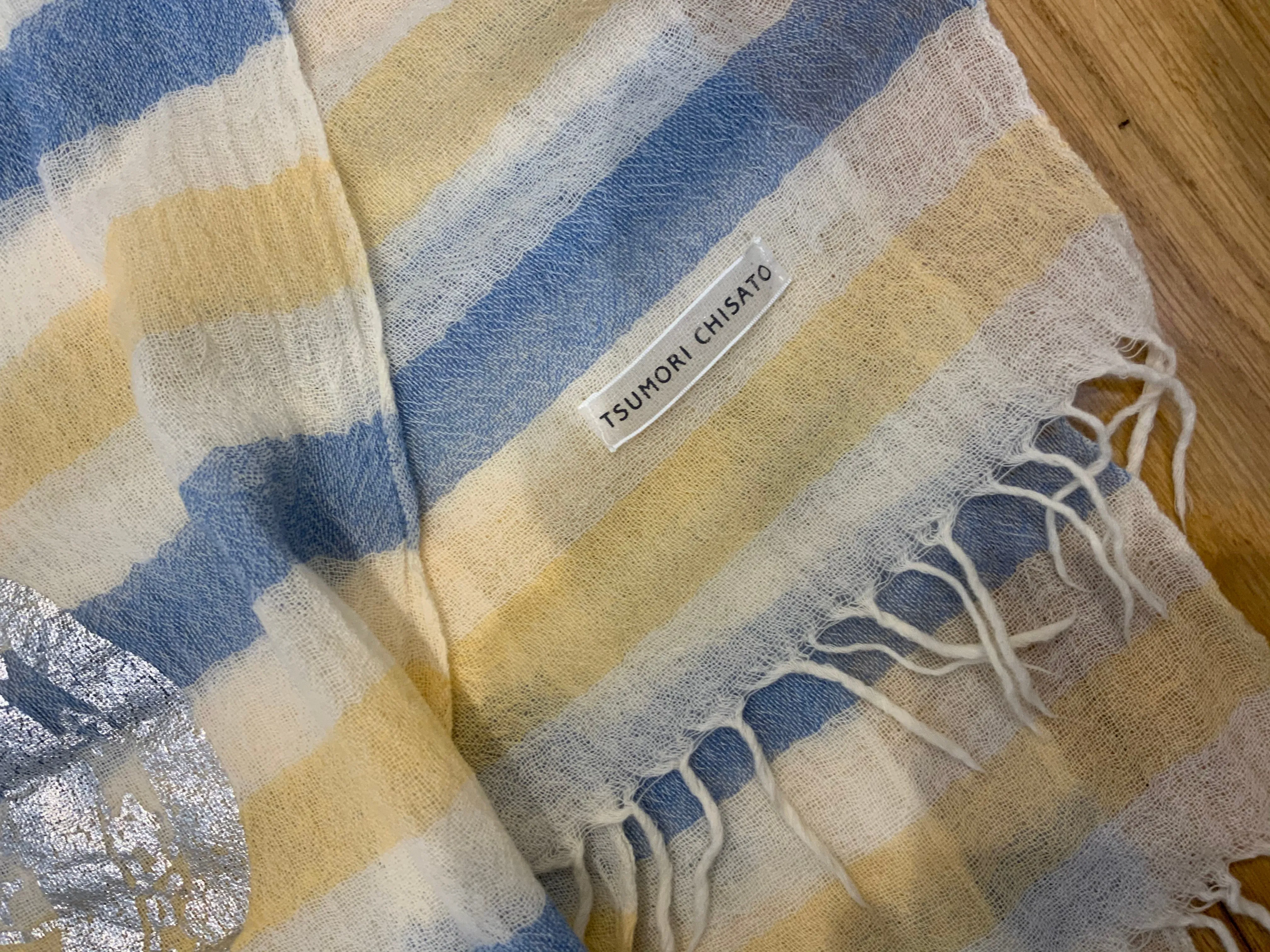Tsumori Chisato Thin Knit Silver print scarf fringe trim scarf shawl AMAZING ladies