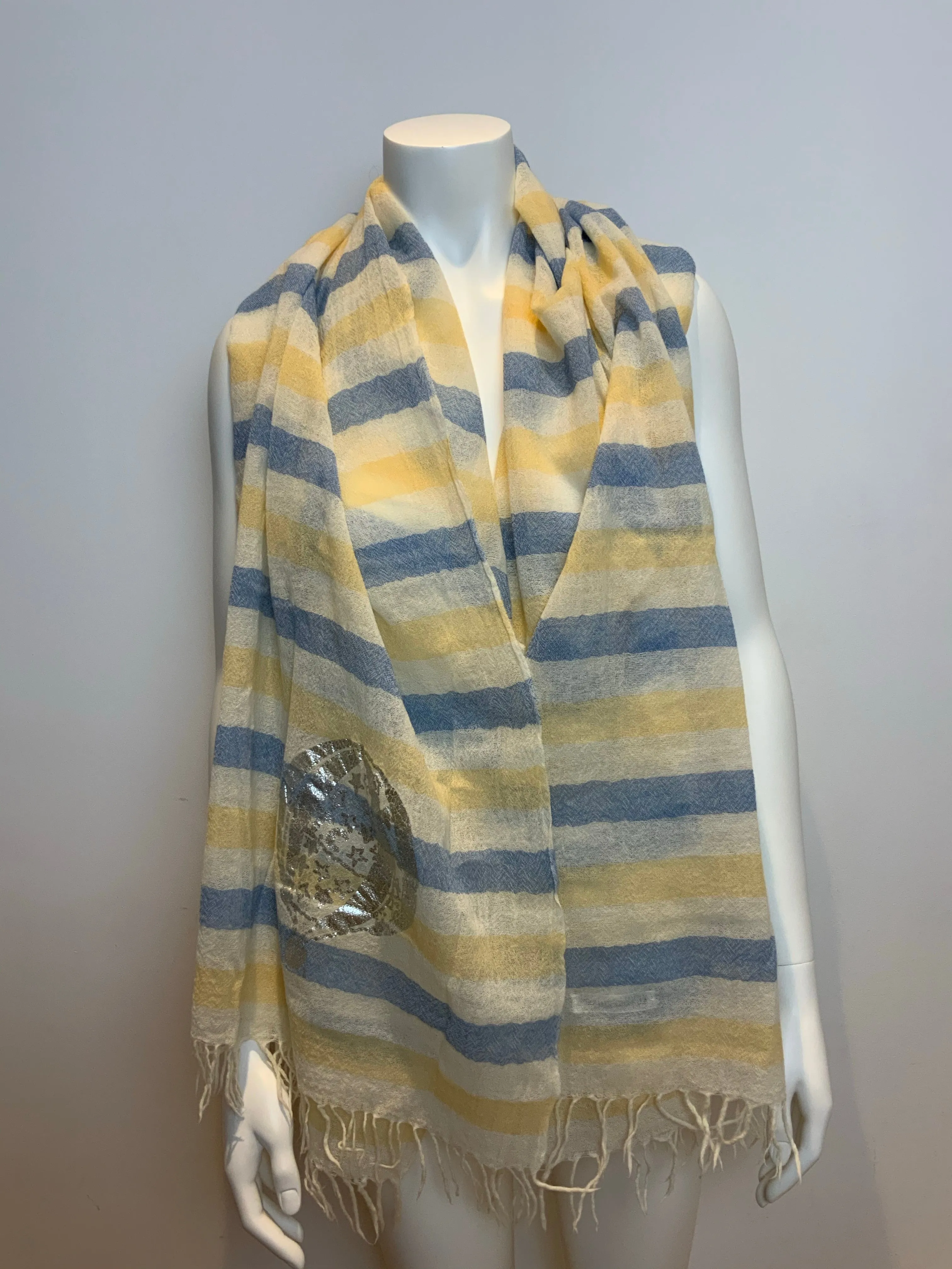 Tsumori Chisato Thin Knit Silver print scarf fringe trim scarf shawl AMAZING ladies