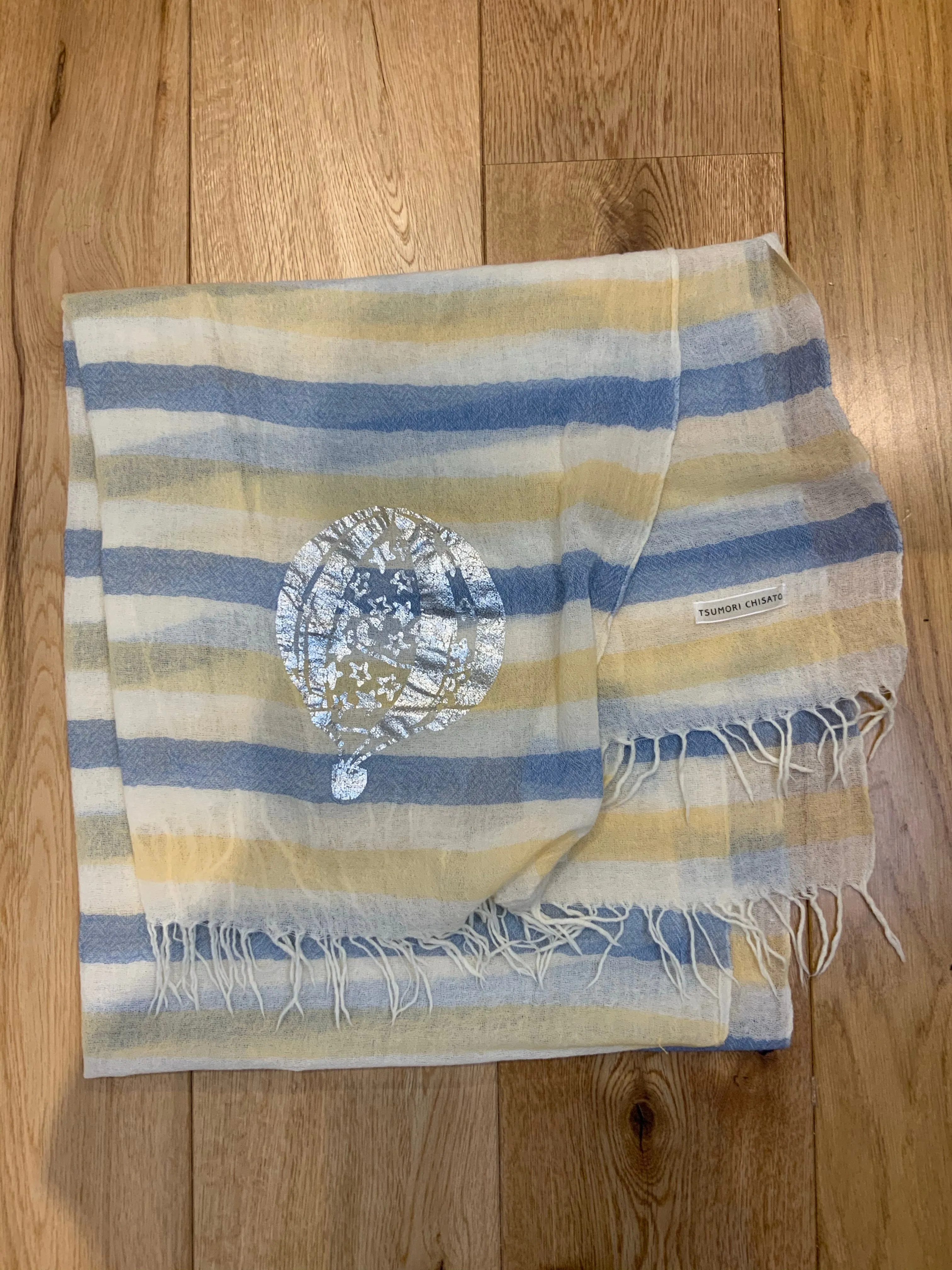 Tsumori Chisato Thin Knit Silver print scarf fringe trim scarf shawl AMAZING ladies