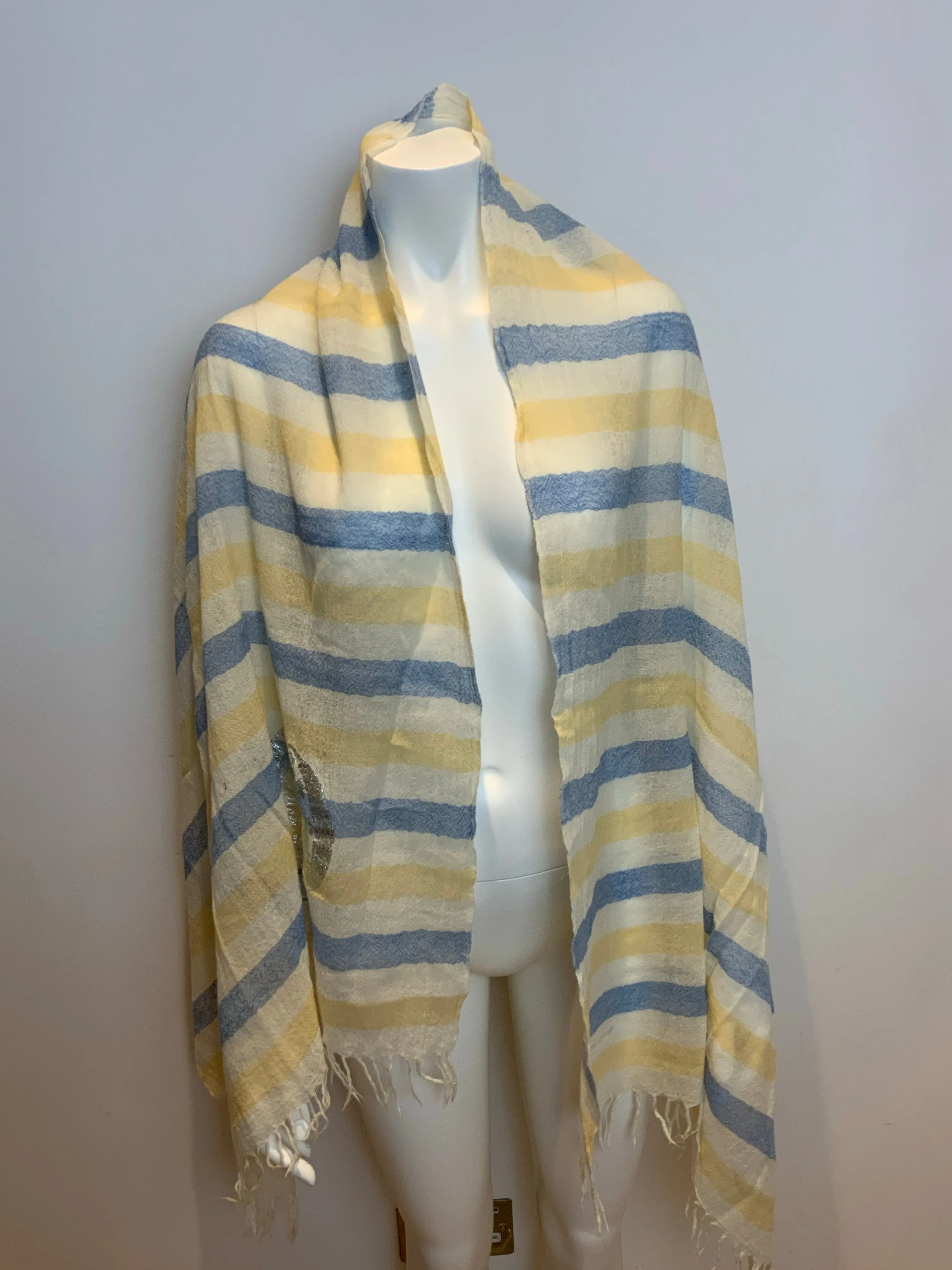 Tsumori Chisato Thin Knit Silver print scarf fringe trim scarf shawl AMAZING ladies