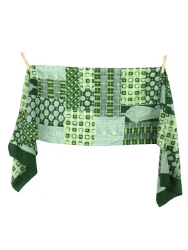 Vintage 90s E Spirit Abstract Patchwork Paisley Patterned Green Long Wide Shawl Neck Tie Wrap Scarf
