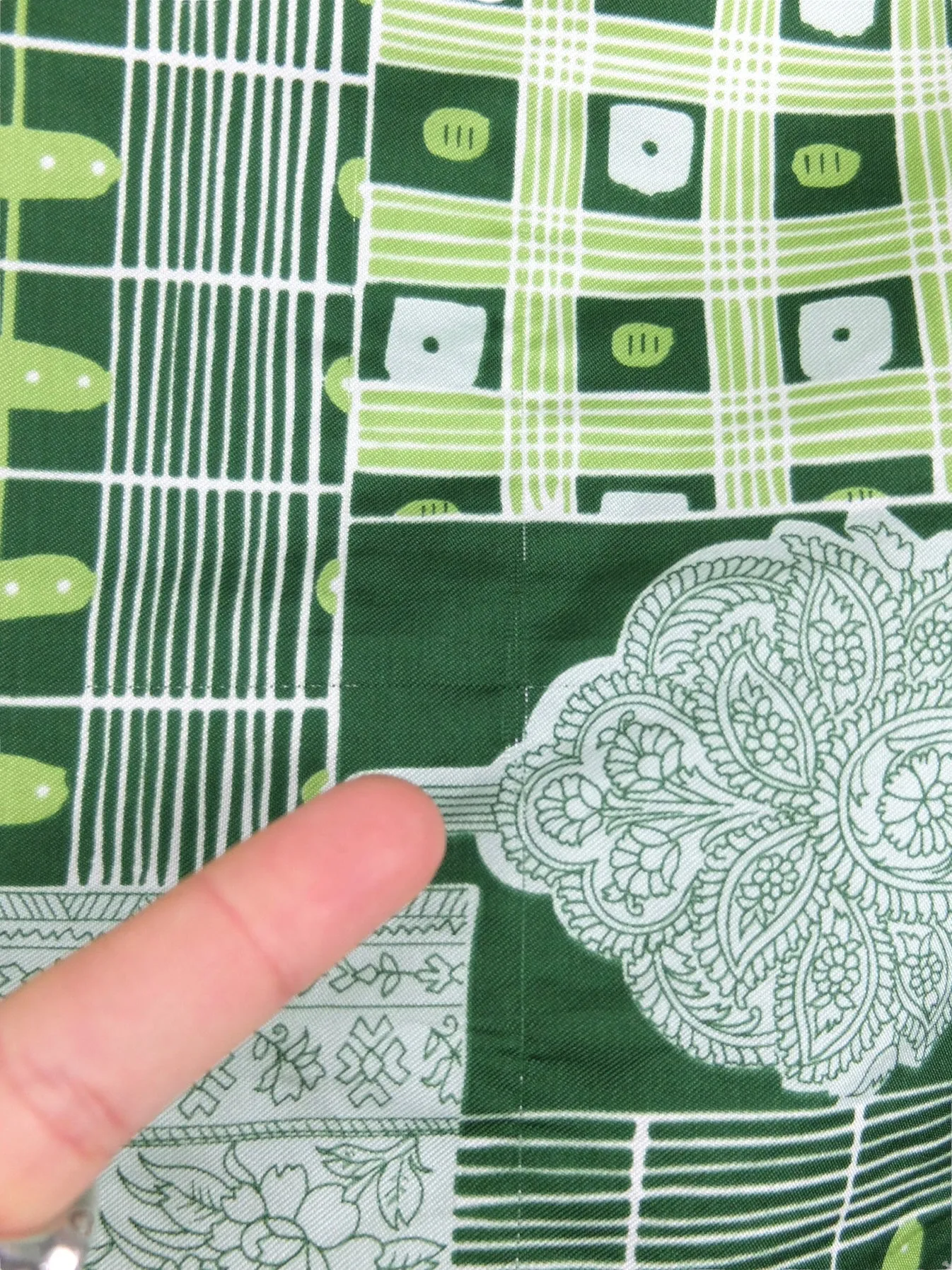 Vintage 90s E Spirit Abstract Patchwork Paisley Patterned Green Long Wide Shawl Neck Tie Wrap Scarf