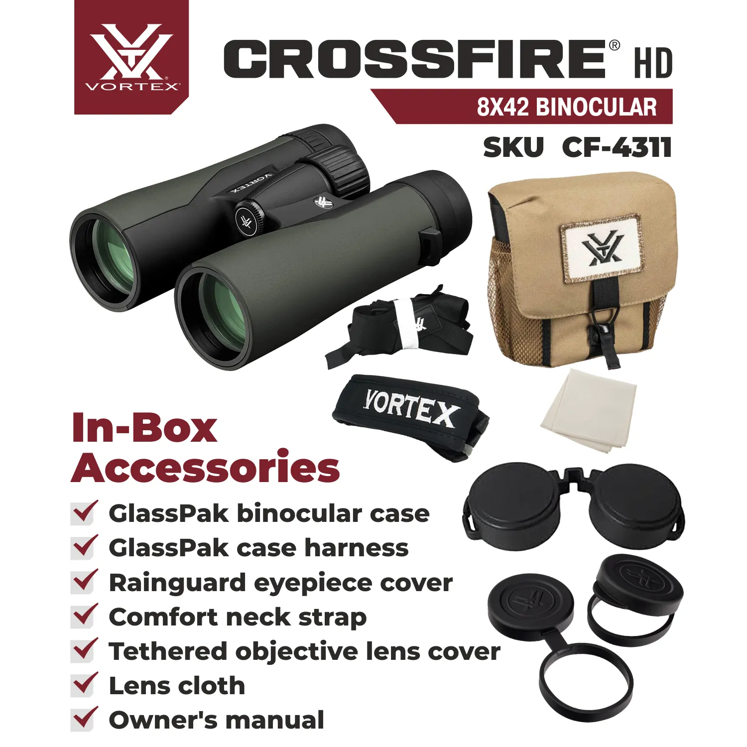 Vortex Optics Crossfire HD 8x42 Green Binocular (CF-4311)