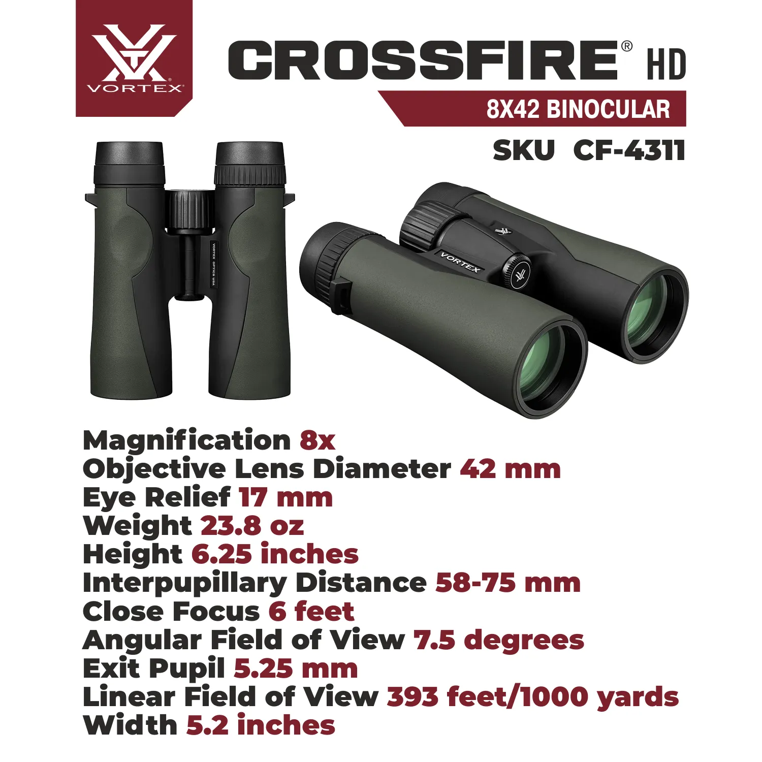 Vortex Optics Crossfire HD 8x42 Green Binocular (CF-4311)