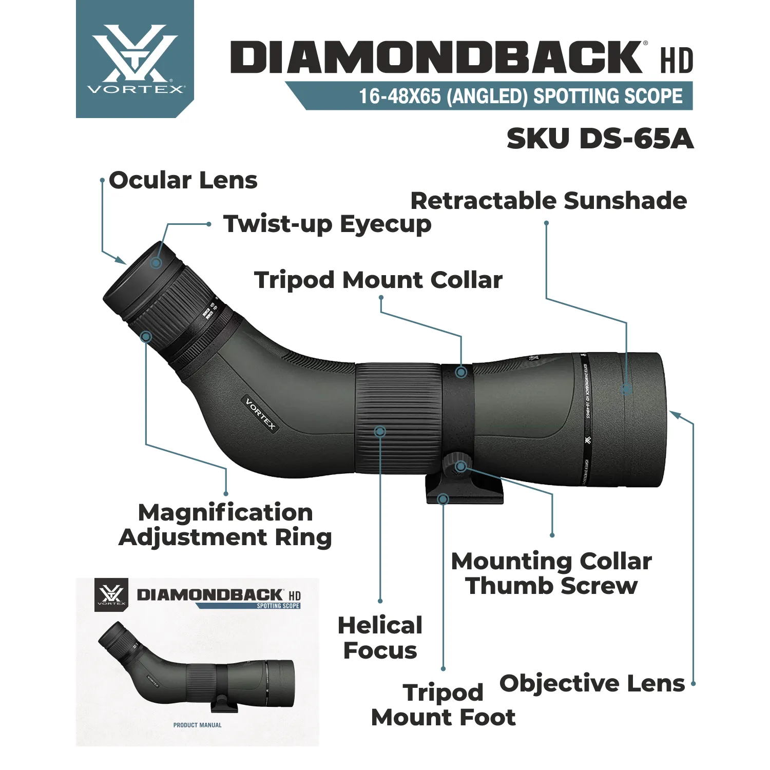 Vortex Optics Diamondback HD Spotting Scope 16-48x65 Angled (DS-65A)